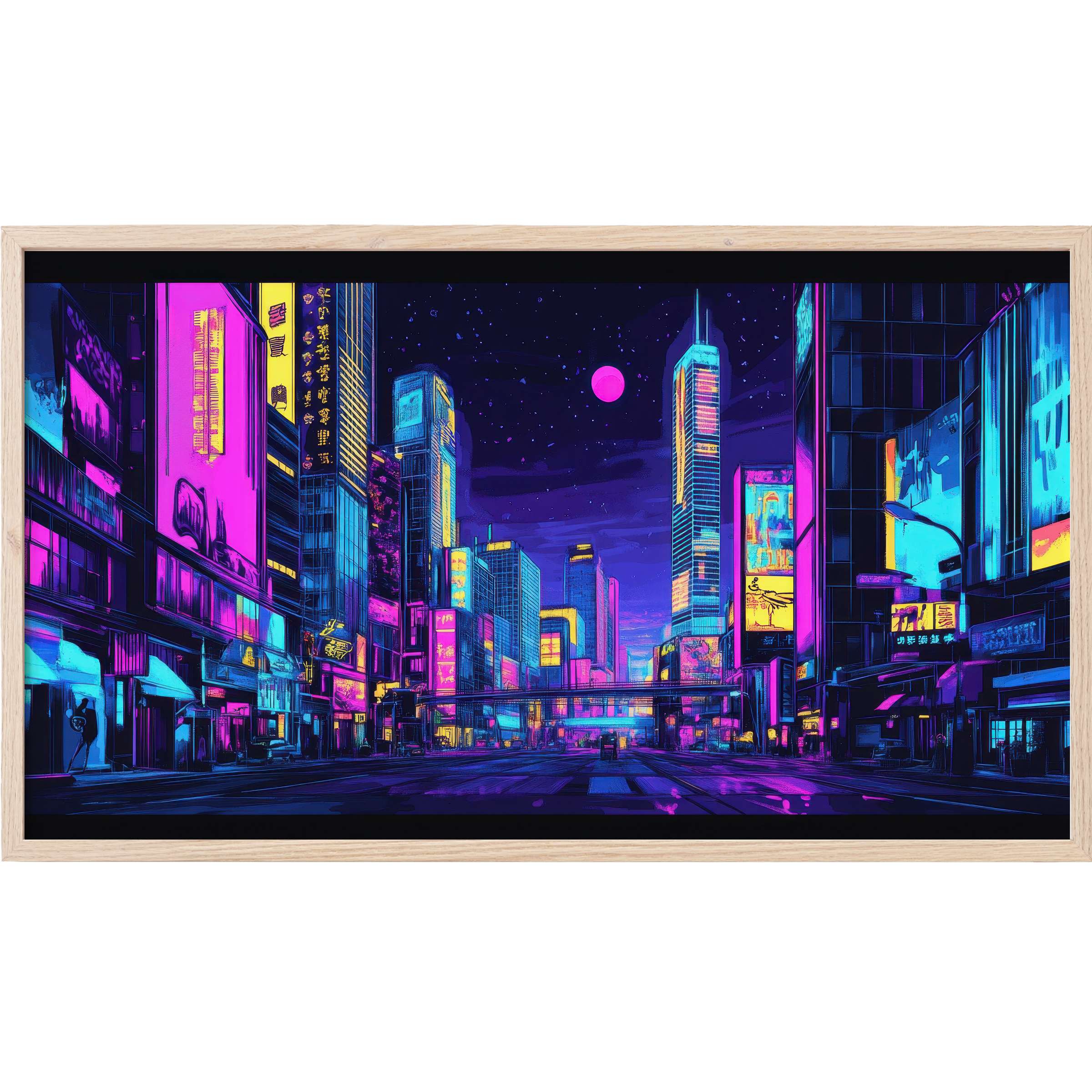 Vibrant cityscape in neon pink, blue, and yellow hues with sleek lines, perfect pop art Frame TV Art for modern decor