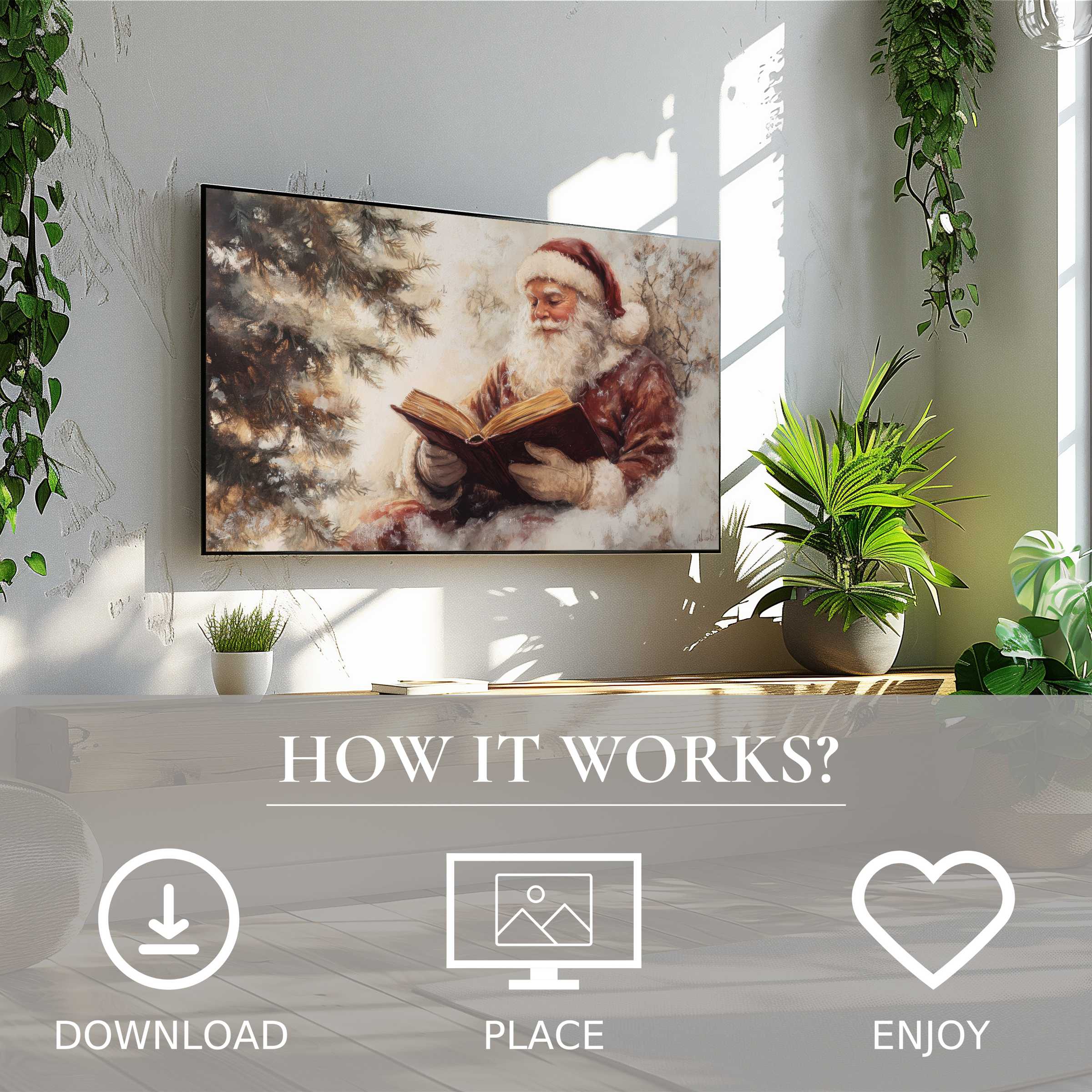 Cozy digital Christmas art for Samsung TV shows warm Santa reading with soft neutral tones, easy download enriches your space