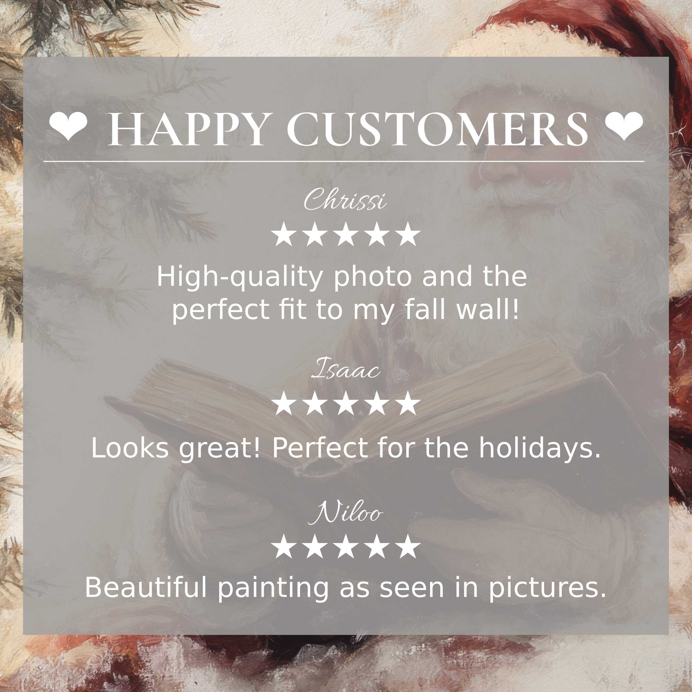 christmas art for Frame TV features elegant Santa portrait with warm tones; layout builds trust with happy customer reviews