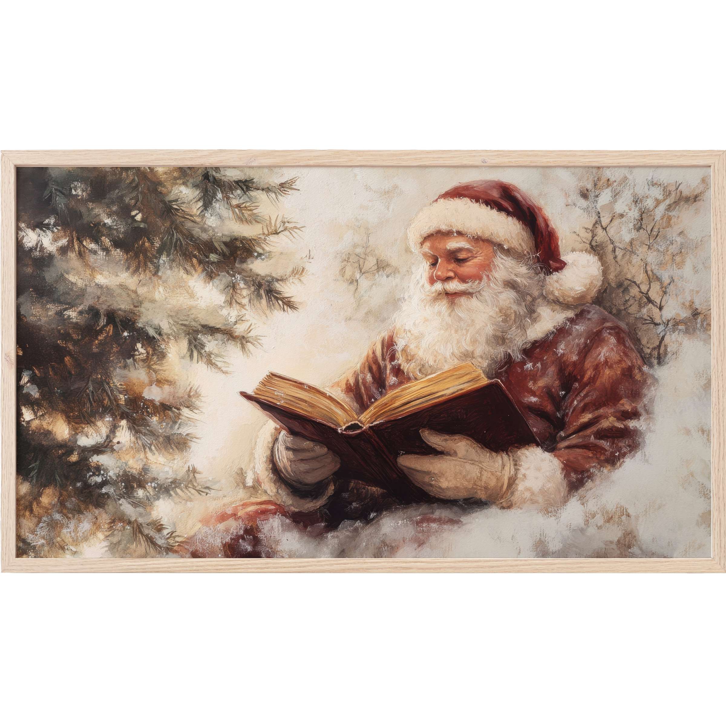 Warm-toned christmas Frame TV Art depicting Santa reading by a tree in a soft, painterly vintage style