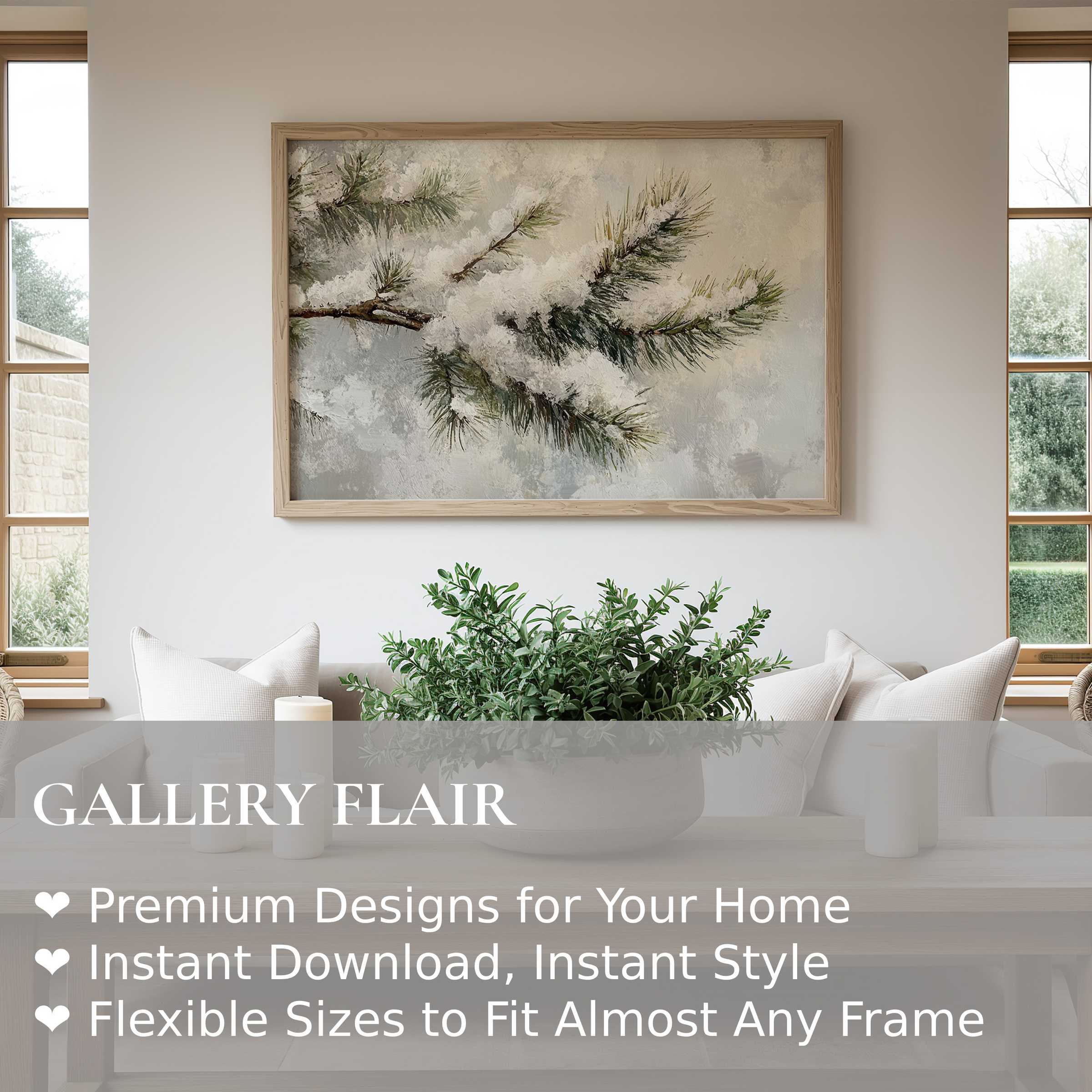Winter wall art print showcasing softly textured snow-laden pine branches in a serene, modern Scandinavian living space, elevating calm and natural elegance