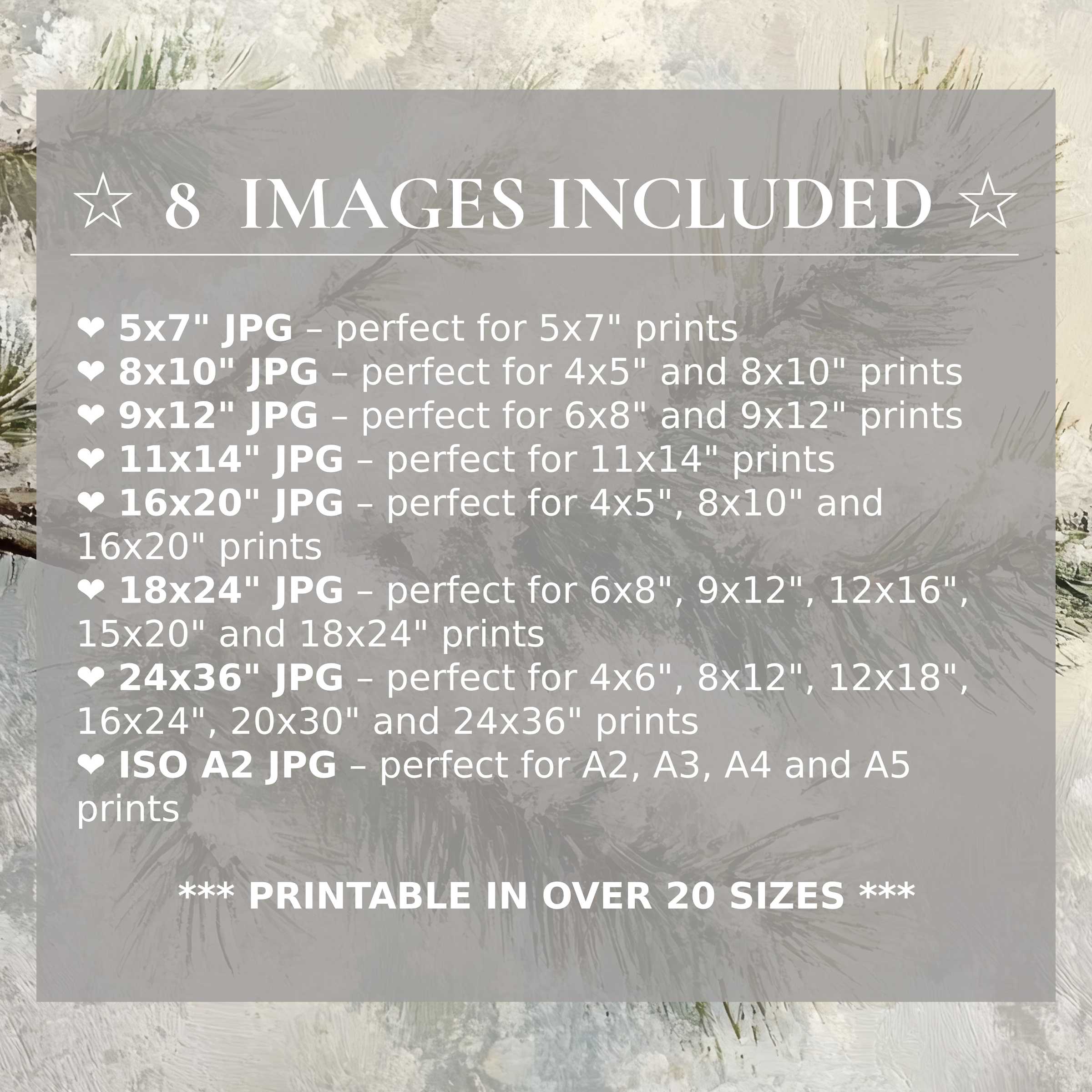 Winter digital print radiates serene whites and soft greens, included in 8 high-quality sizes to elevate modern interiors with timeless elegance