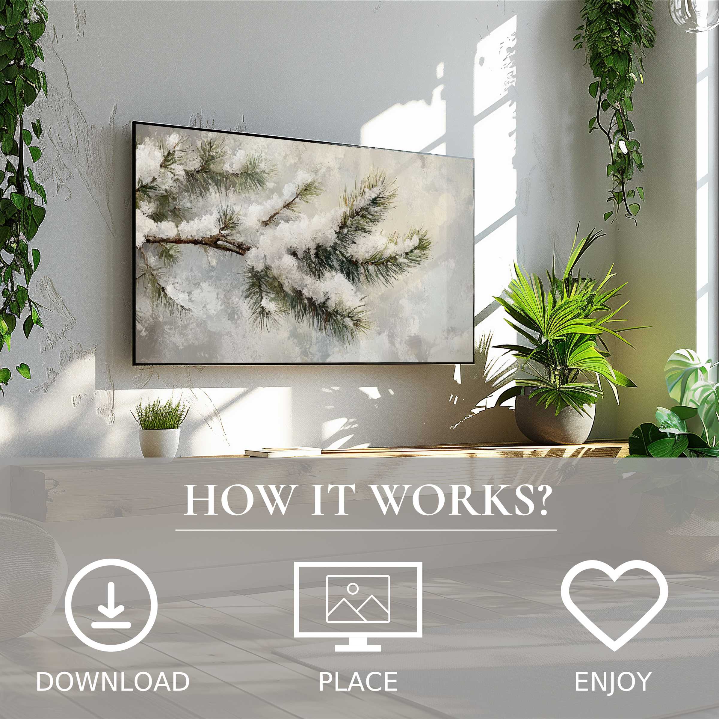 Winter art for Samsung TV: digital download with soft snow-covered pine branches enriches bright, modern living spaces