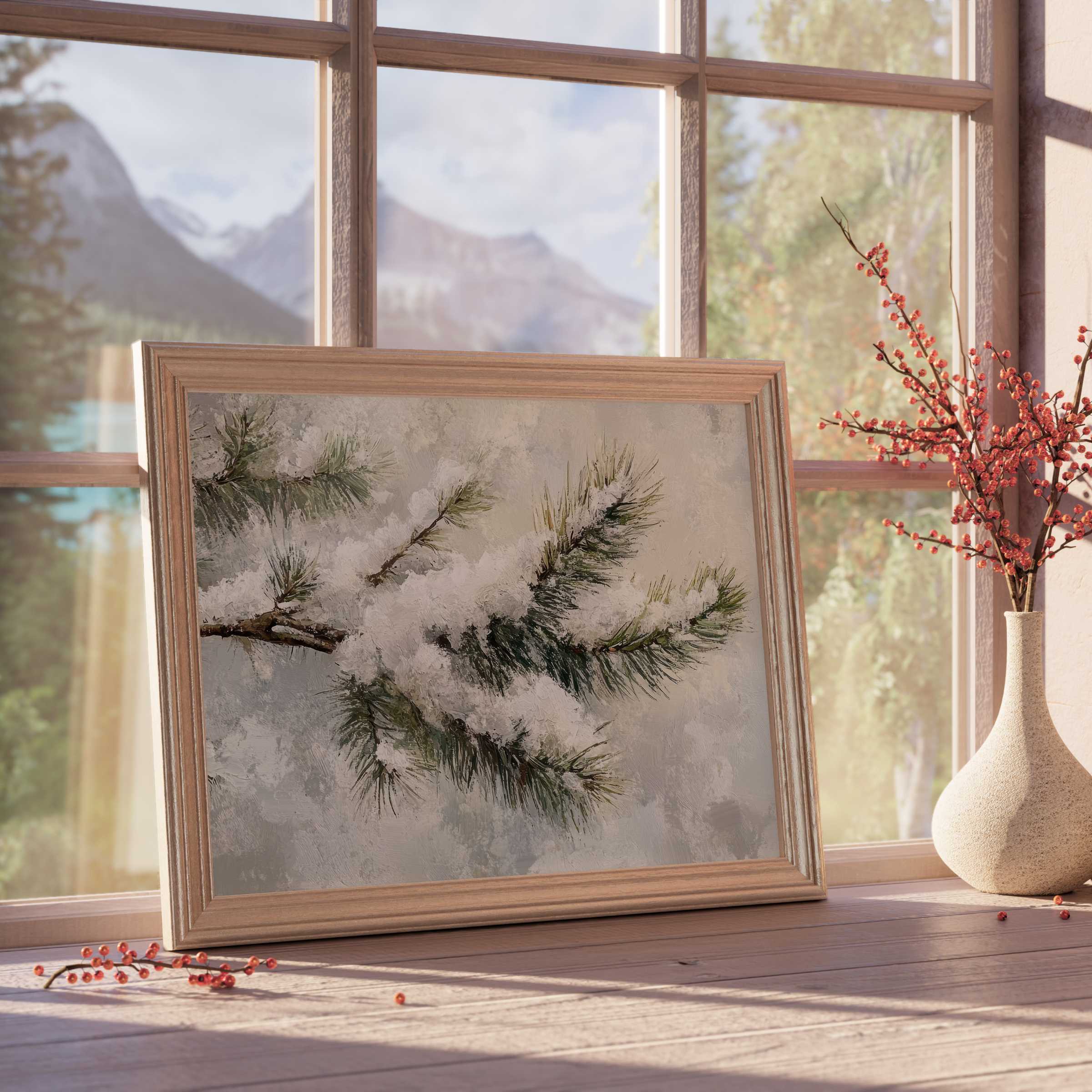Winter downloadable art featuring snow-laden pine branches, adding serene elegance and cozy tranquility to refined, design-forward interiors