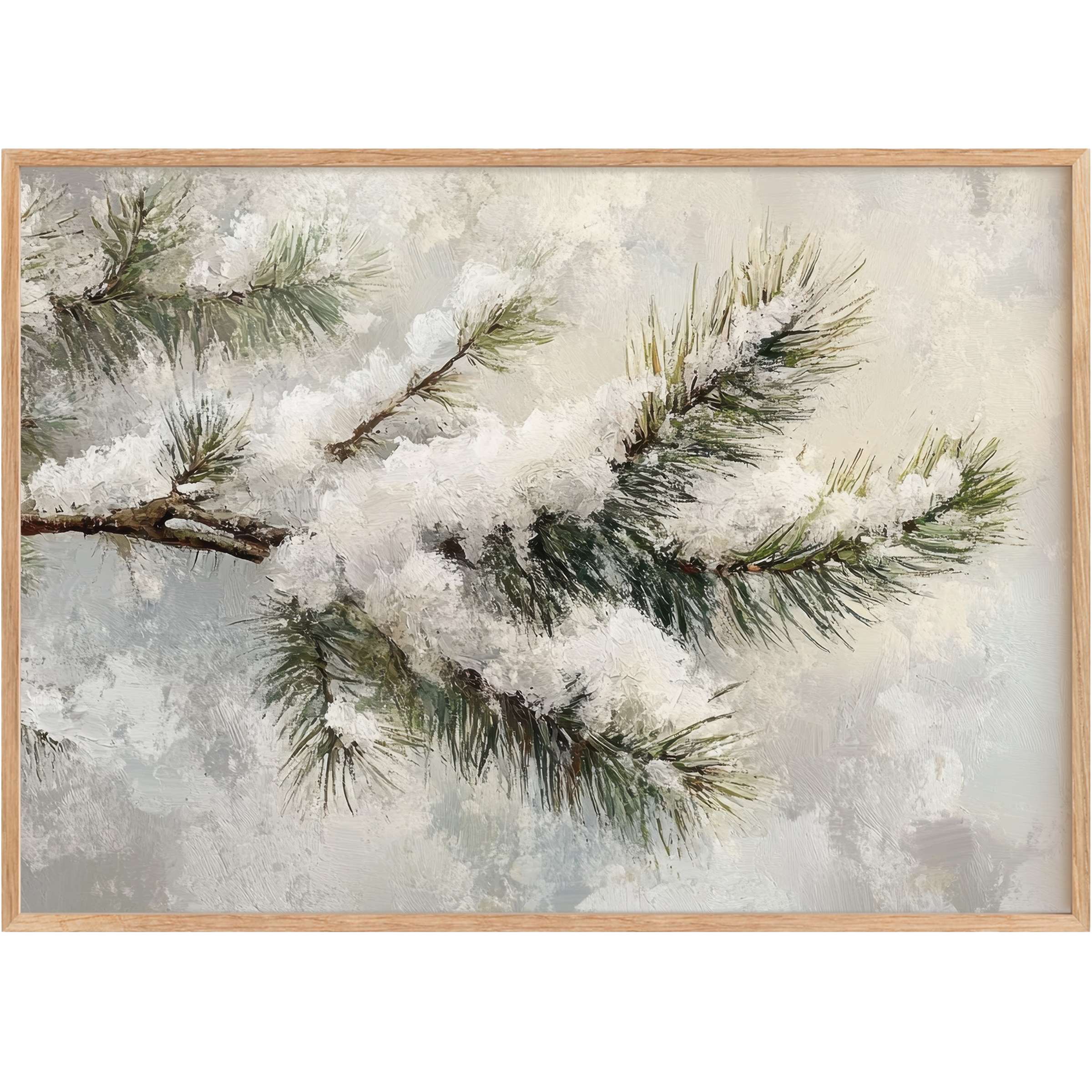 Winter printable wall art captures a serene snow-laden pine branch, evoking a calming, frosted palette of soft whites and muted greens to elevate elegant interiors