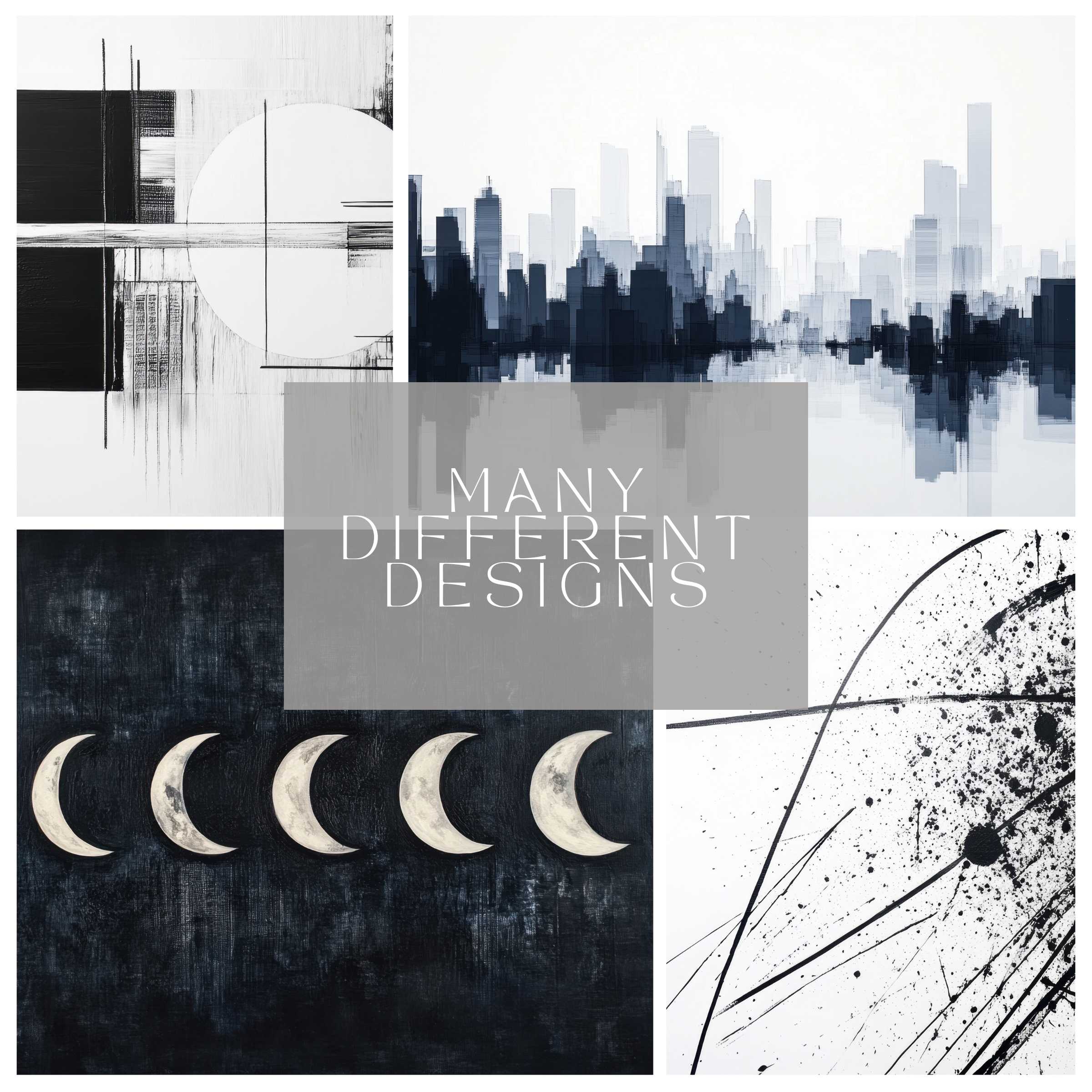 Modern digital art bundle for sleek living spaces, easy download, featuring abstract, cityscape, moon phases, and line designs.