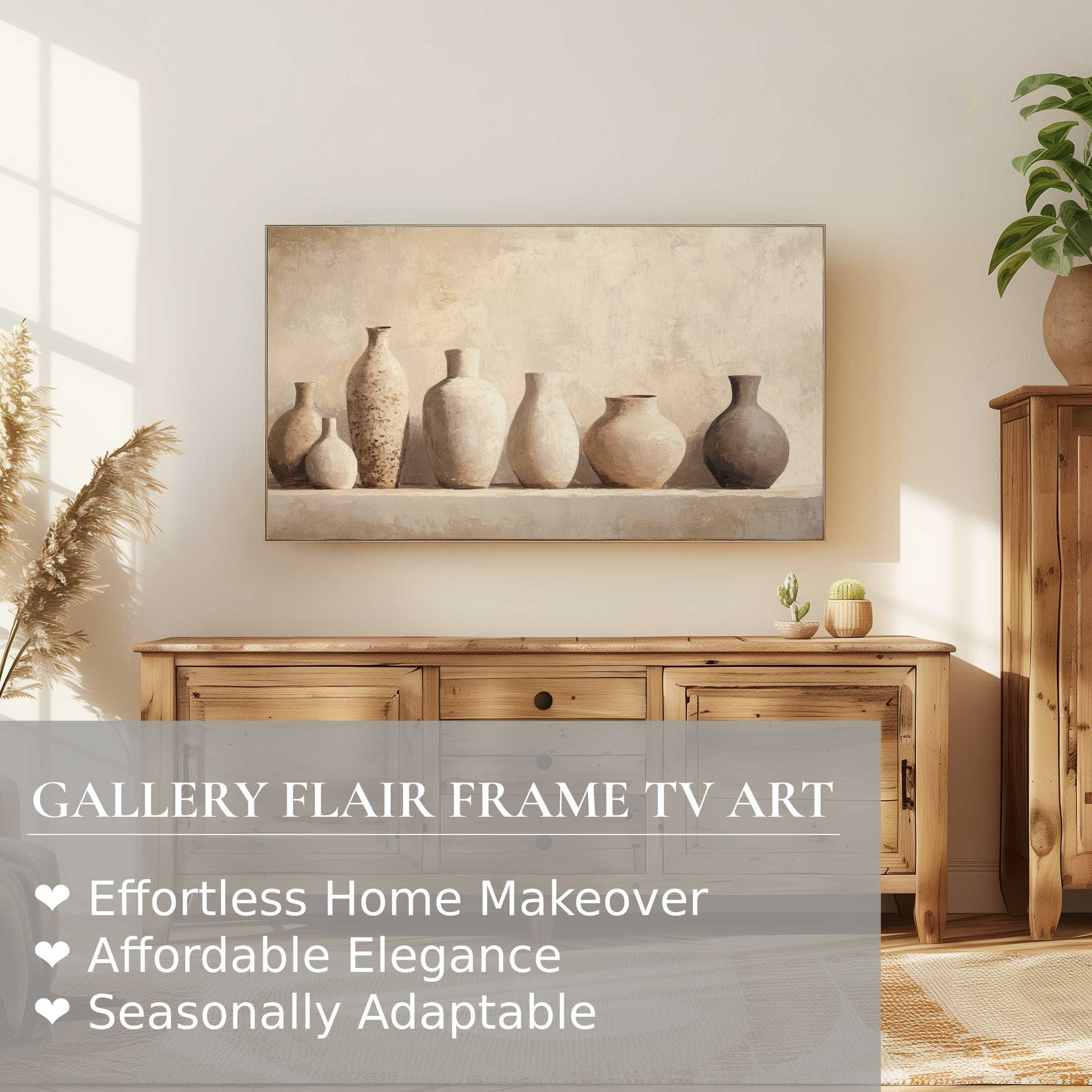 Samsung Frame TV displays boho digital artwork of earthy ceramic vases in a warm, elegant modern living space