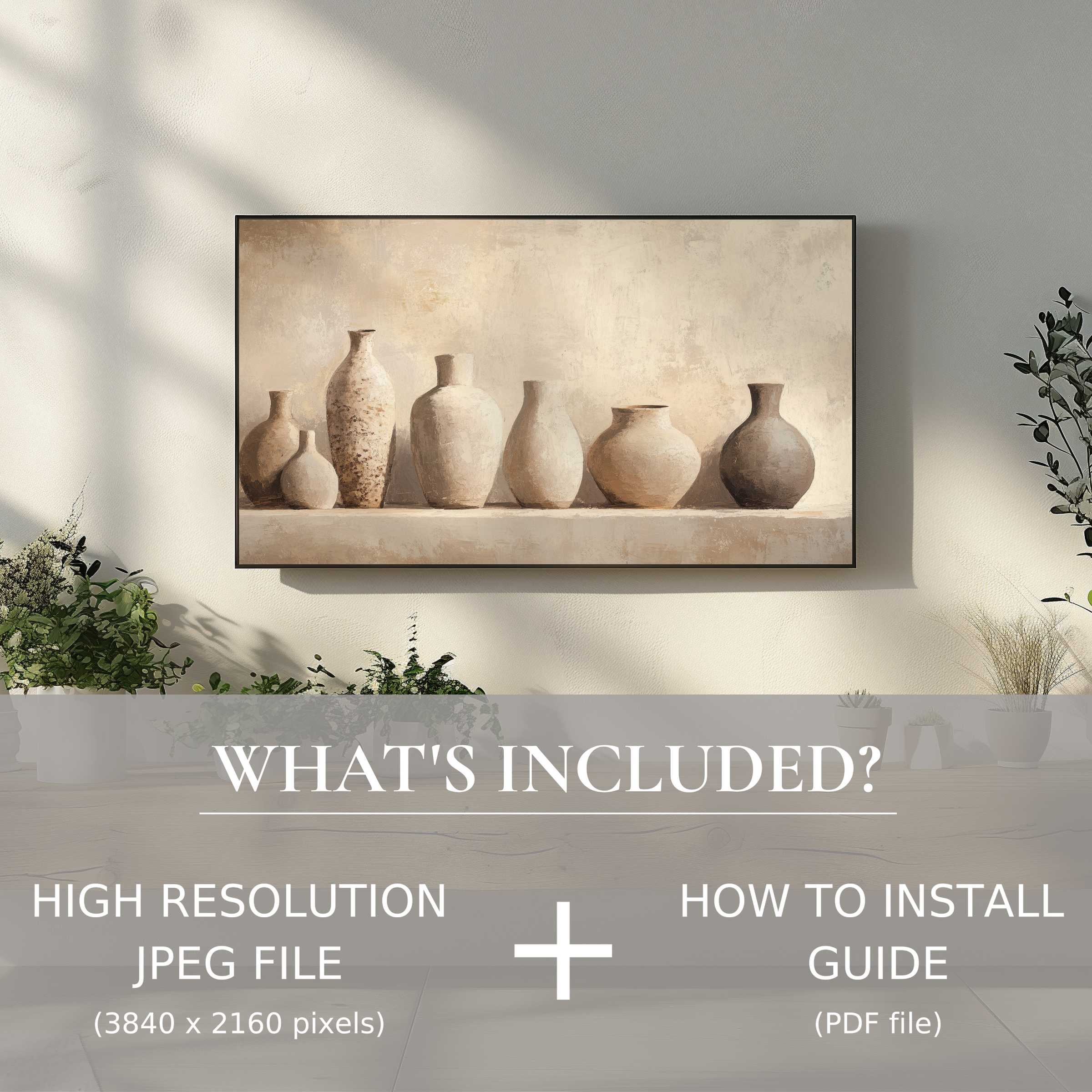 Elegant boho digital TV art download of neutral vases enhances any living space with easy, high-res digital use and style