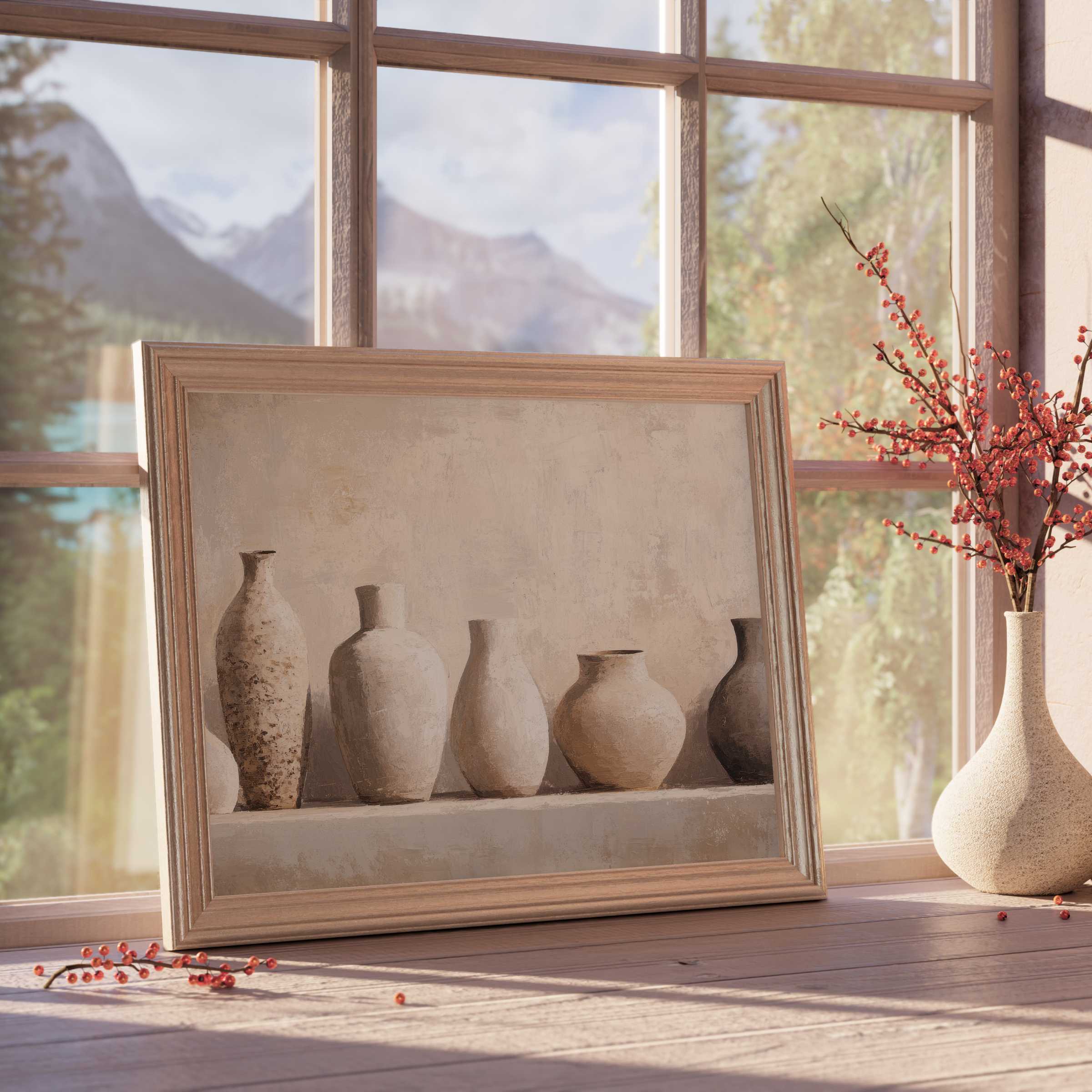 Boho downloadable art of textured neutral vases, evoking warm tranquility and perfect for curated, stylish, natural interiors
