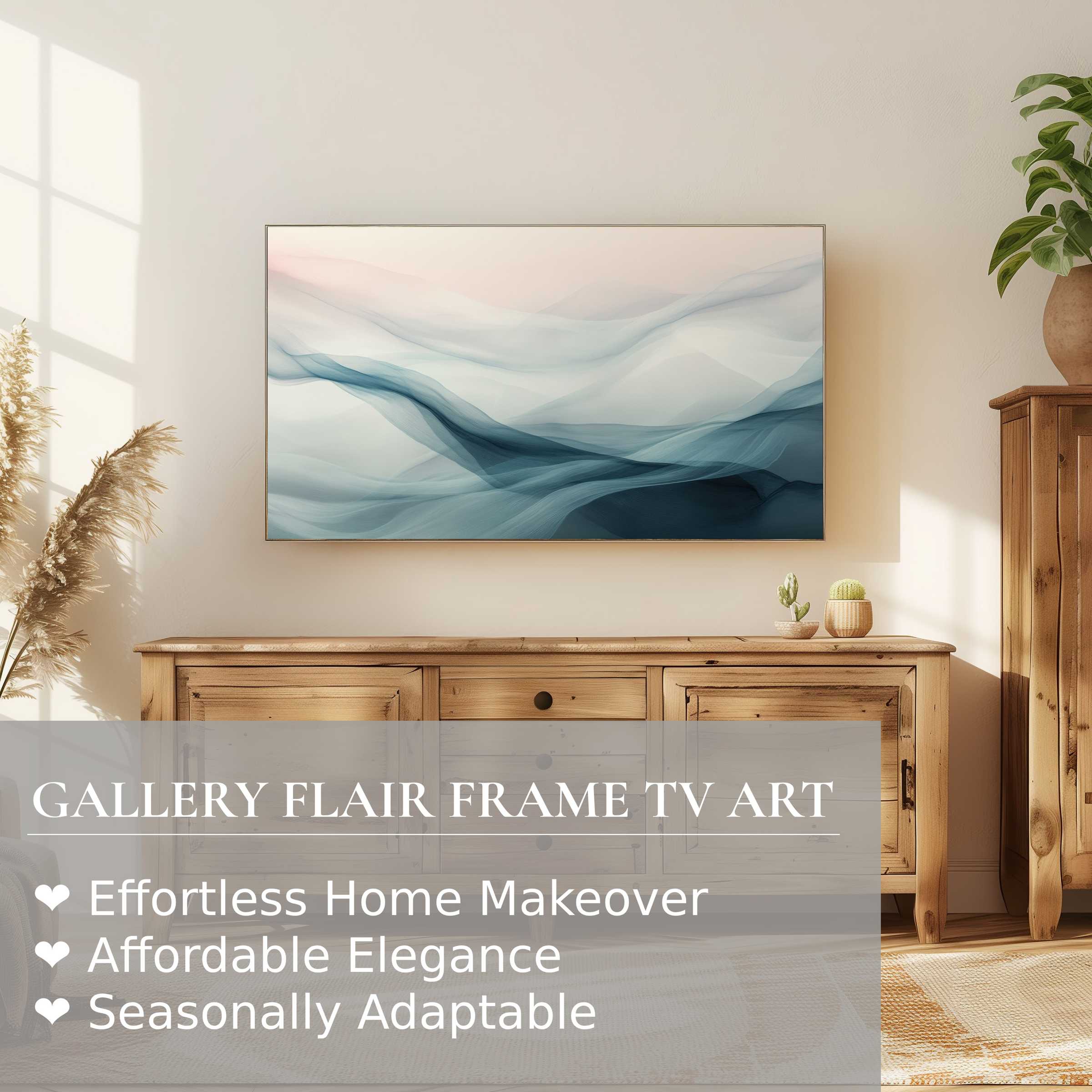 Samsung Frame TV displays serene, flowing abstract digital artwork in a modern, natural wood living space