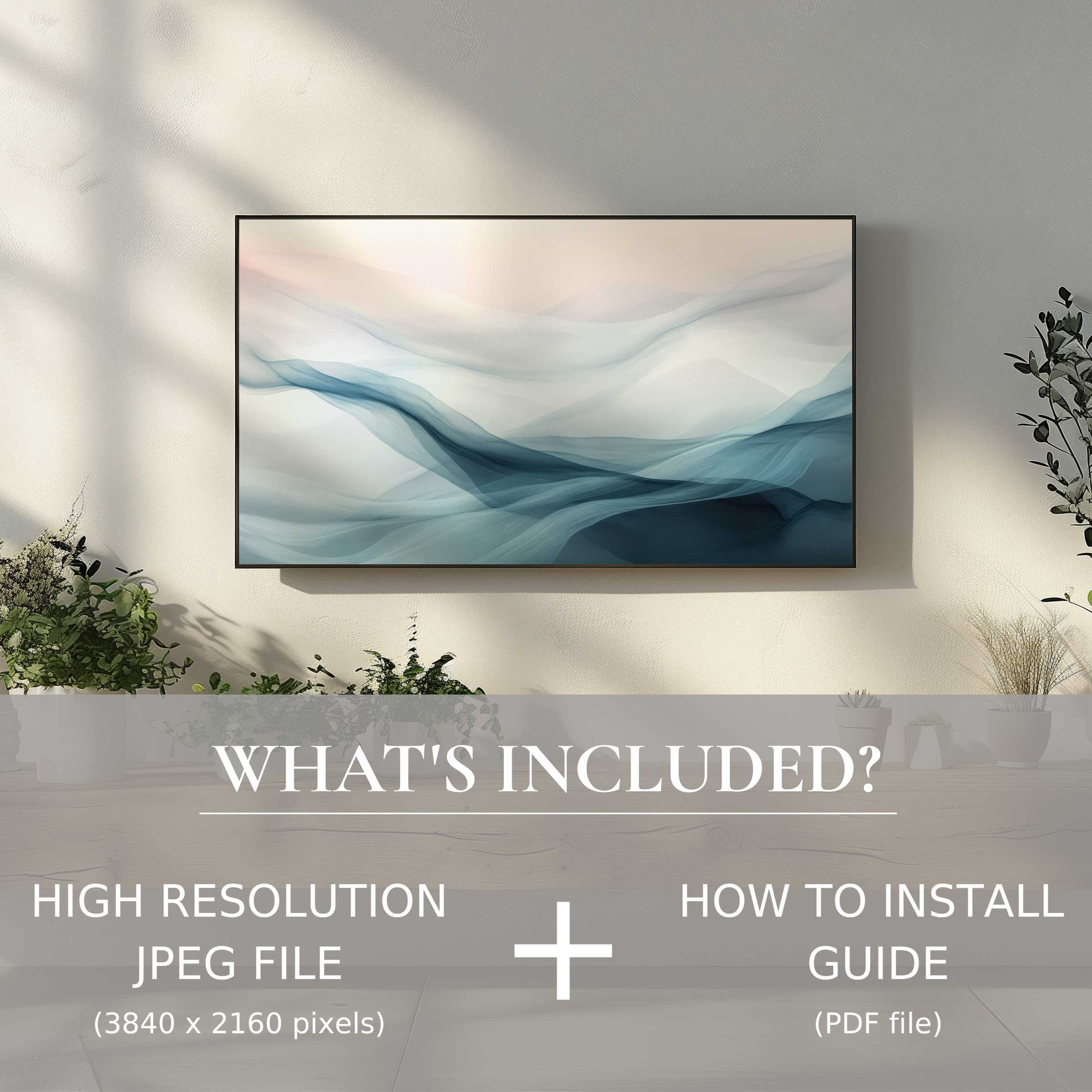 Elegant living space enhanced by abstract digital TV art download, easy digital use for stylish home decor