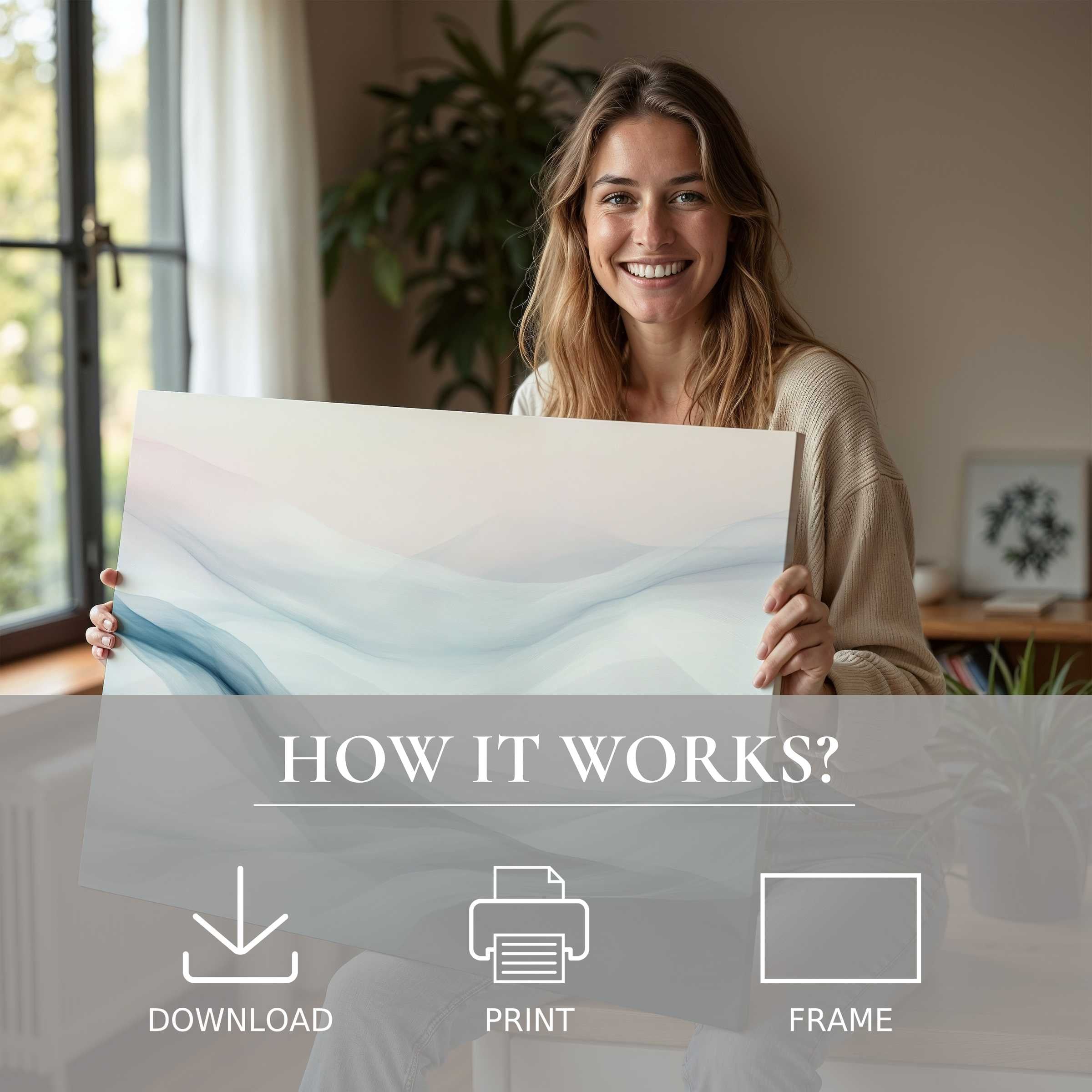 A serene moment of joy as refined abstract digital art print transforms a modern home, inviting effortless elegance