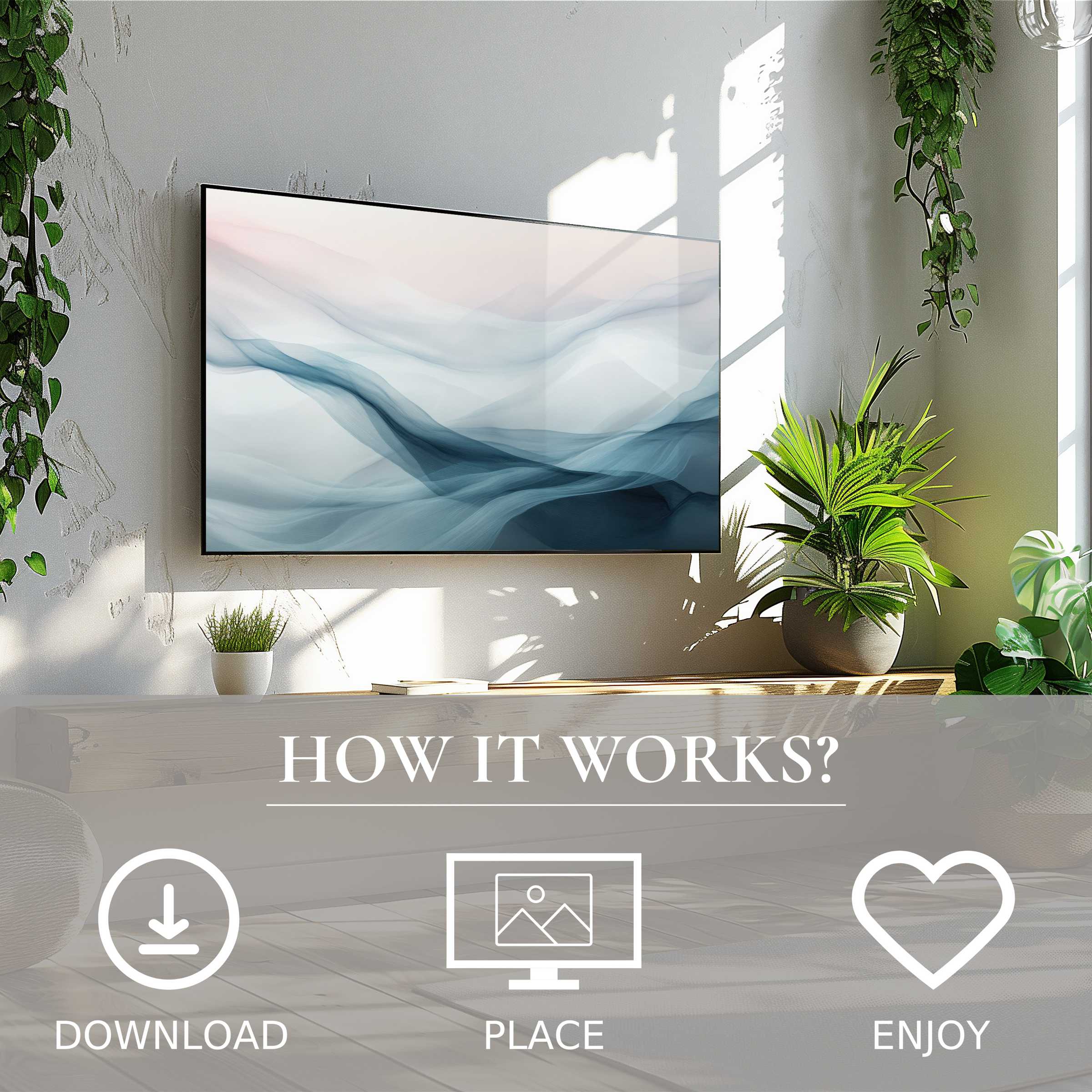 Abstract art for Samsung TV with soft blue color flow enriches minimalist living space; easy digital download and display