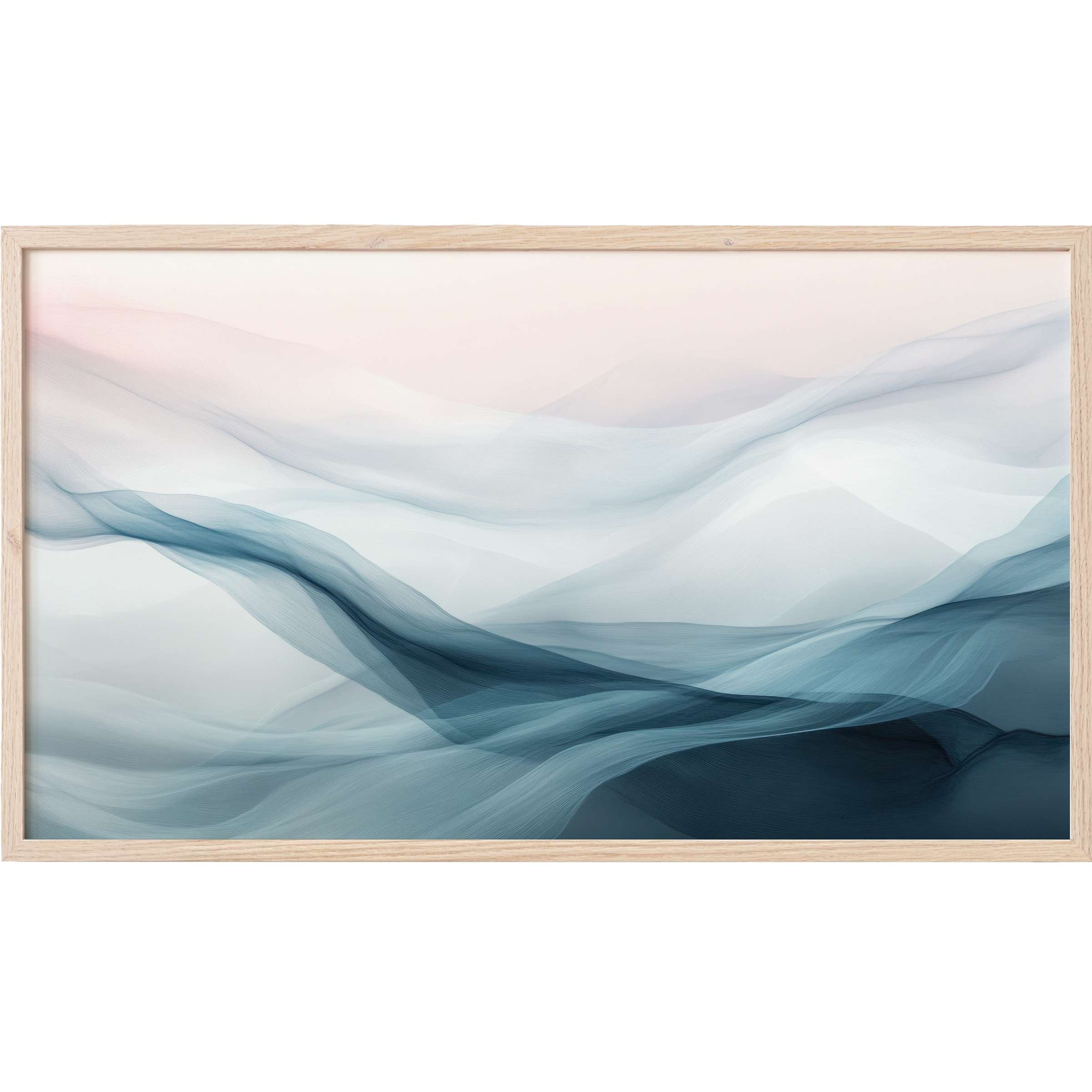 Abstract Frame TV Art with flowing translucent waves in soft blues and muted neutrals for refined modern decor