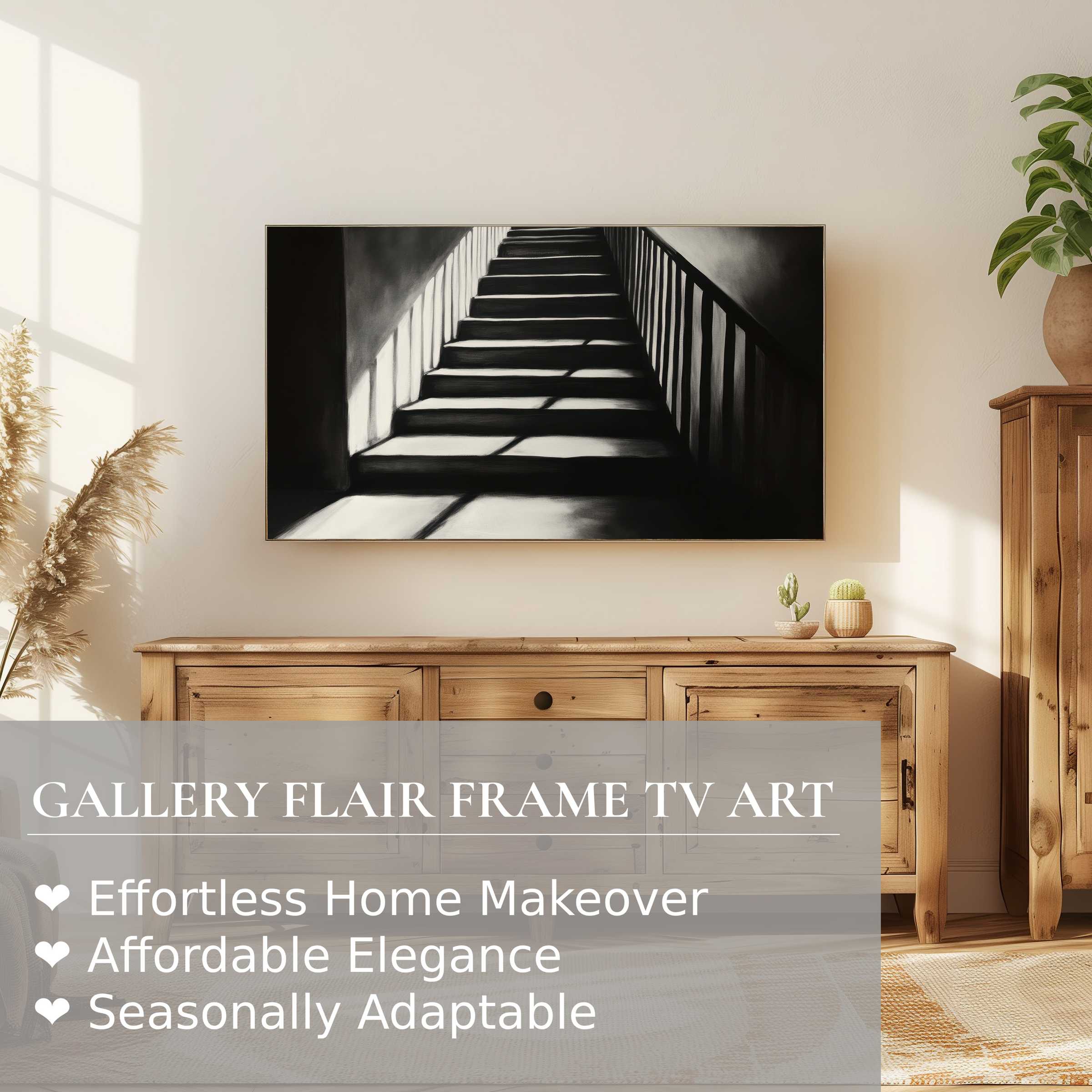Samsung Frame TV showcasing black and white digital artwork of stairs, perfect for elegant modern decor