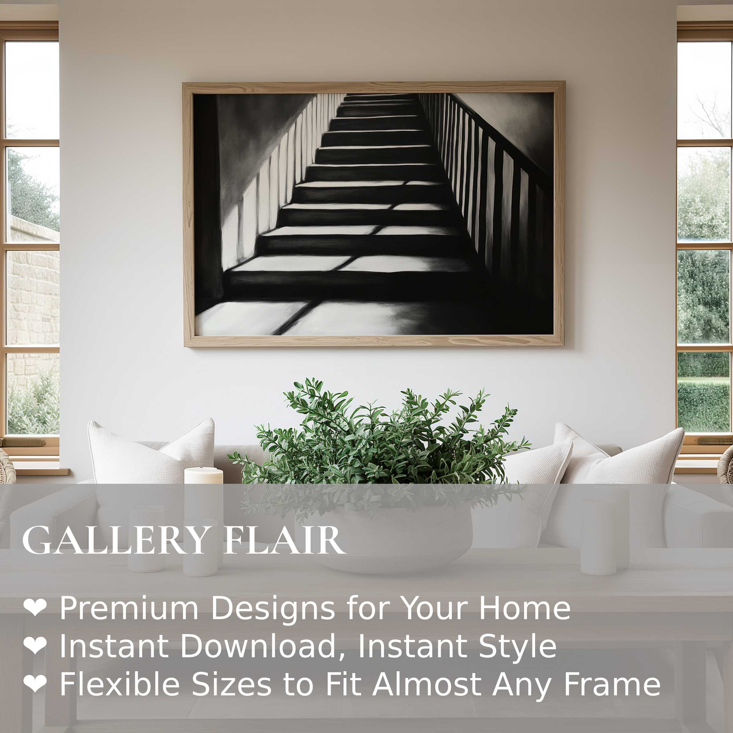 Black and white wall art print of moody staircase shadows adds bold contrast and modern sophistication to minimalist living spaces