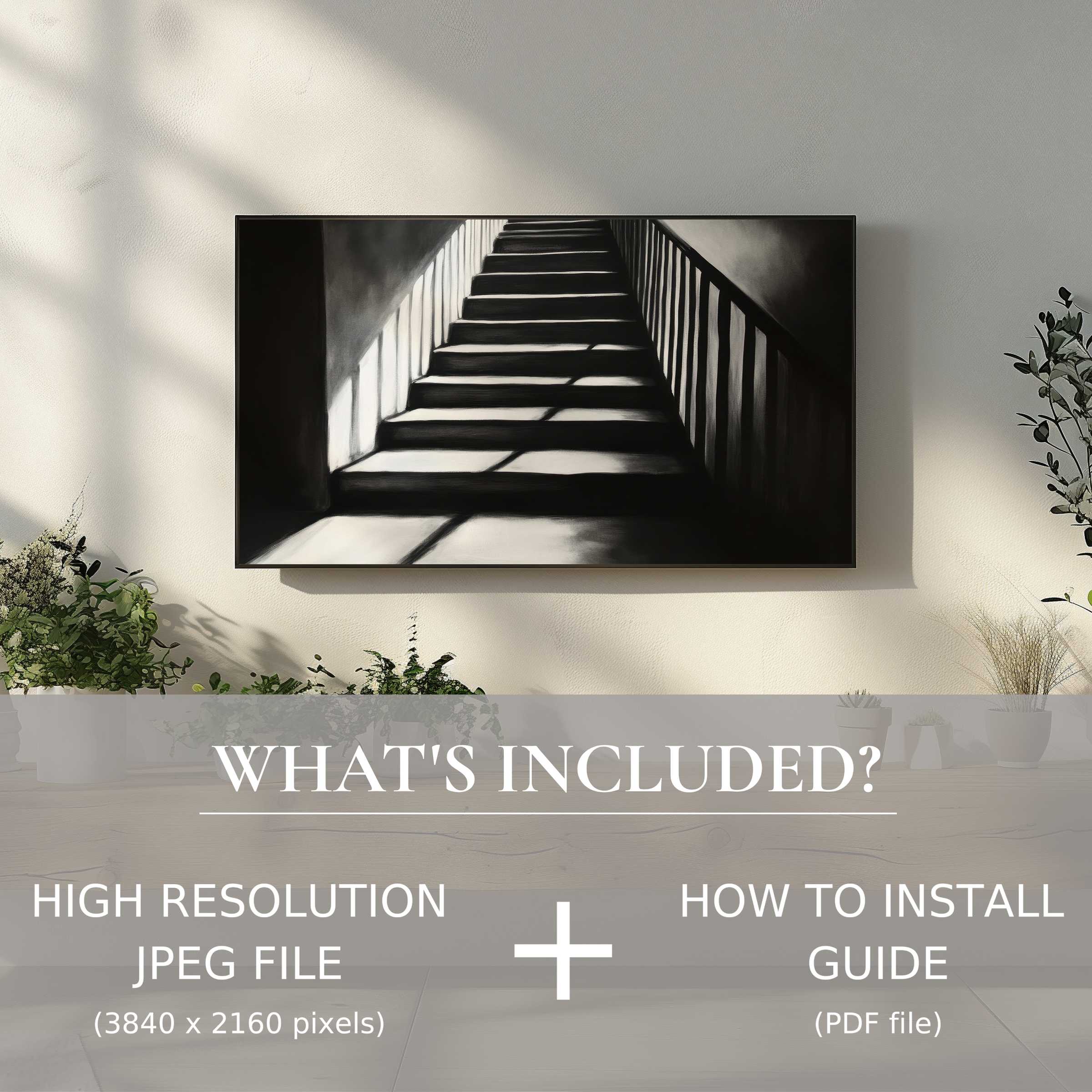 Elegant living room enhanced by black and white digital TV art download; easy digital use for stylish décor upgrade