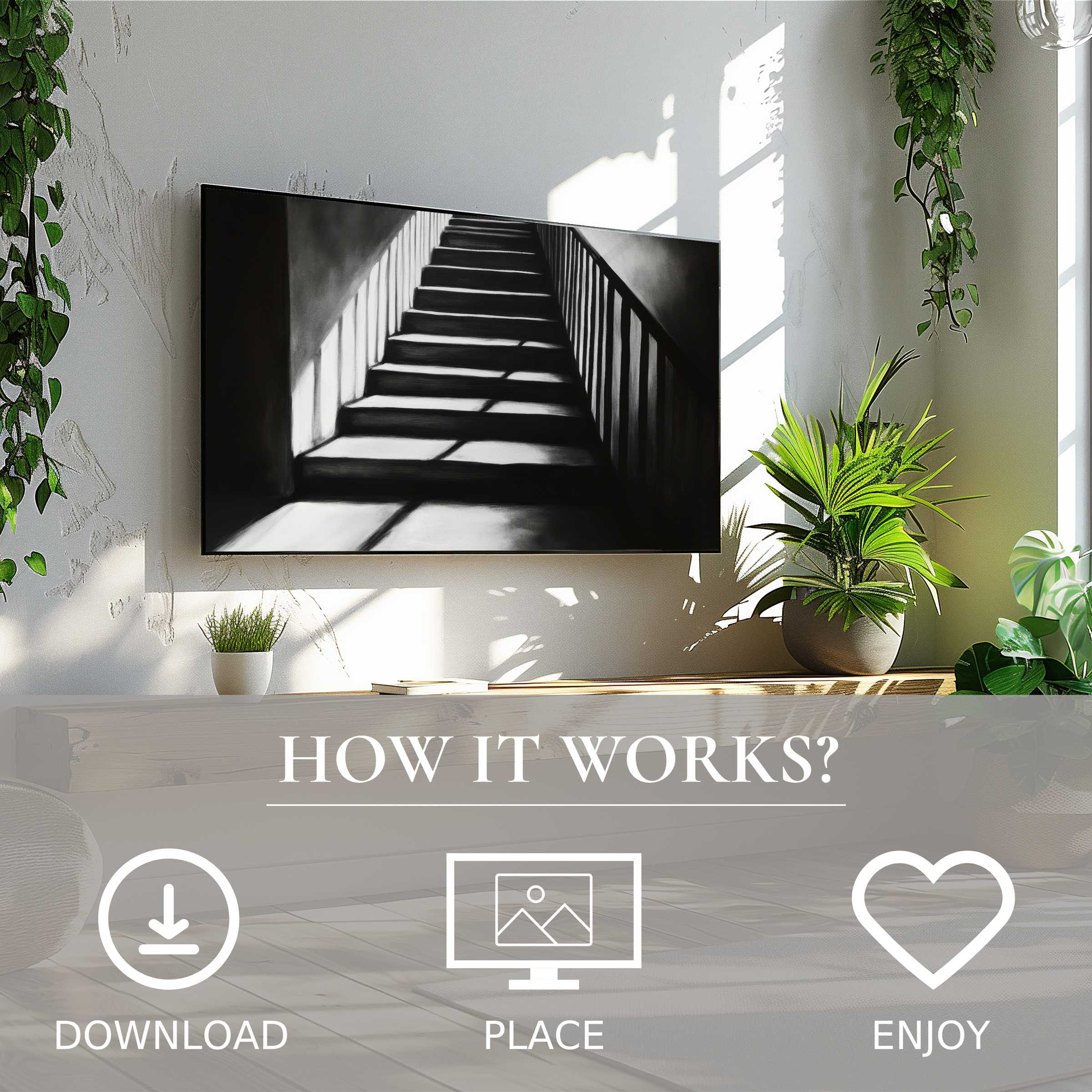 Black and white art for Samsung TV: digital download with abstract staircase motif enriches bright modern living space