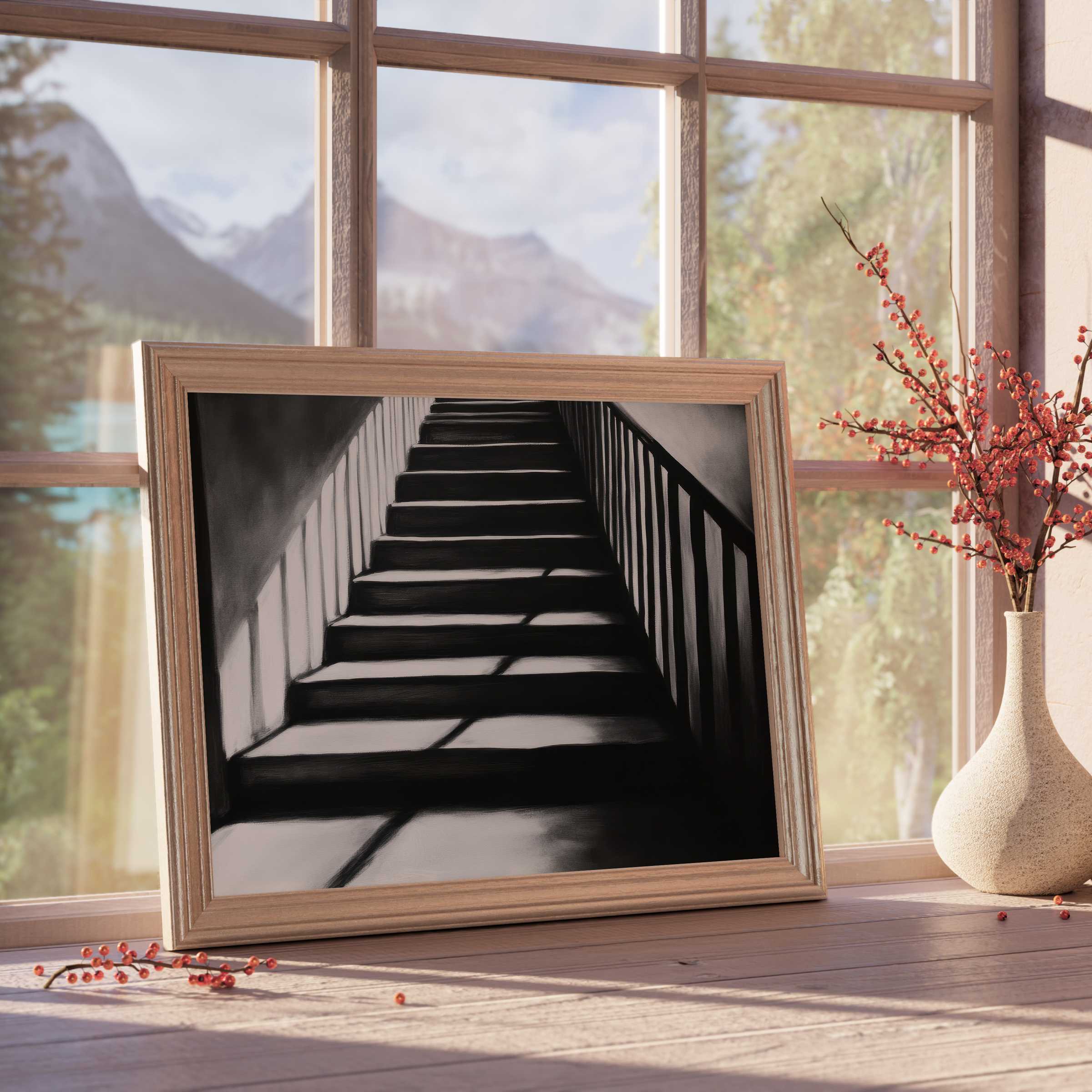 Black and white downloadable art of a shadowed staircase, evoking tranquil mystery and depth in curated, modern interiors