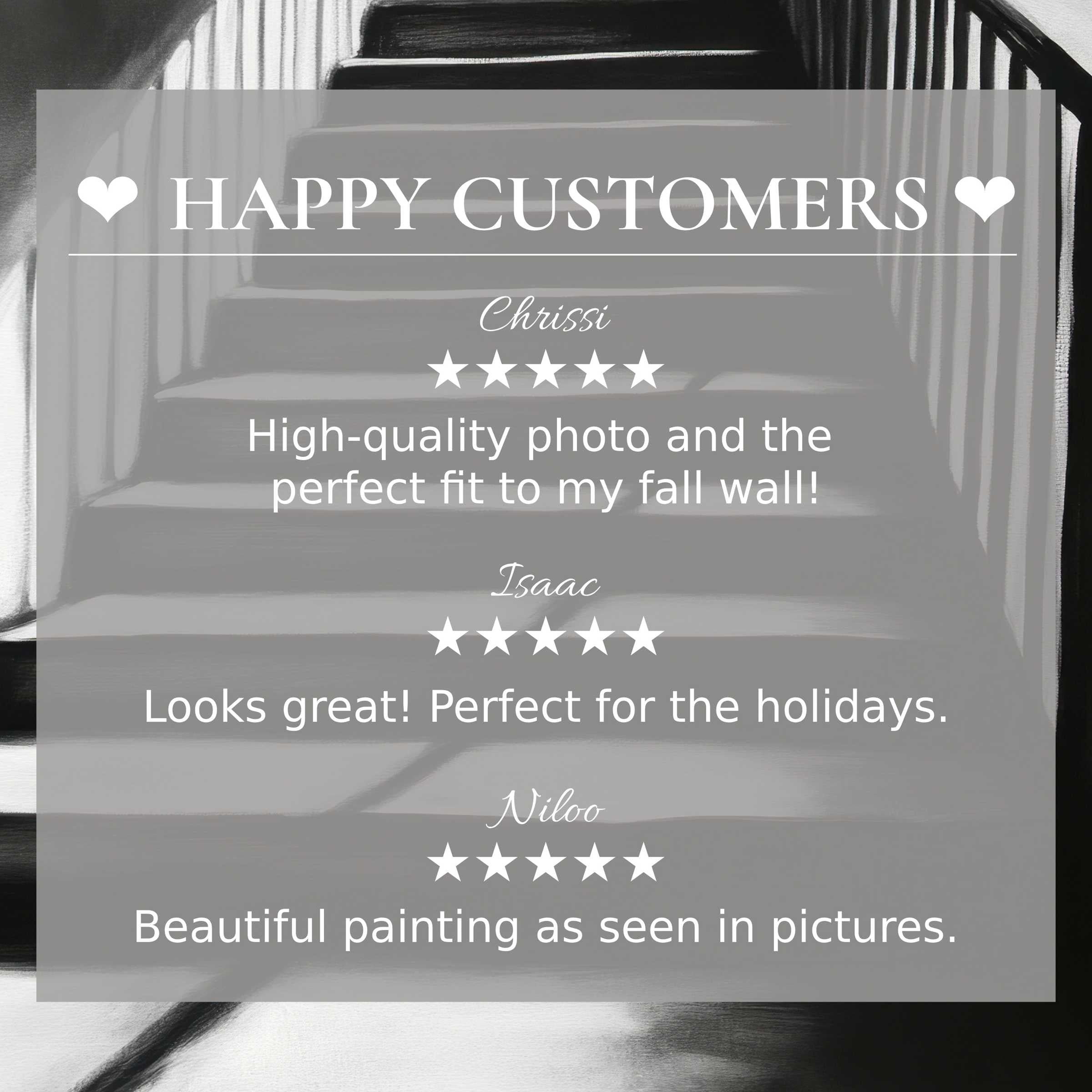 Positive reviews and happy customer quotes over black and white art for Frame TV, showcasing trust and style