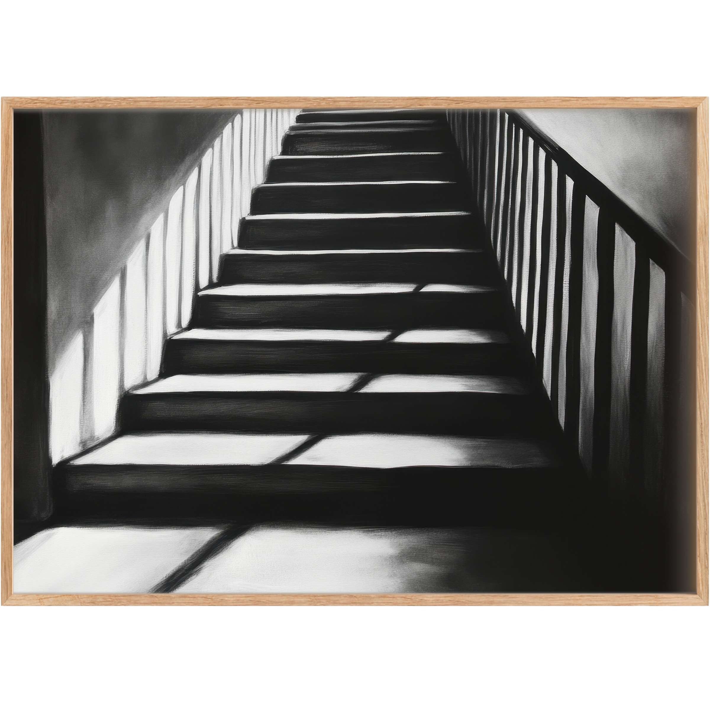 Dramatic black and white printable wall art featuring bold stair shadows, evoking a serene yet strikingly modern ambiance