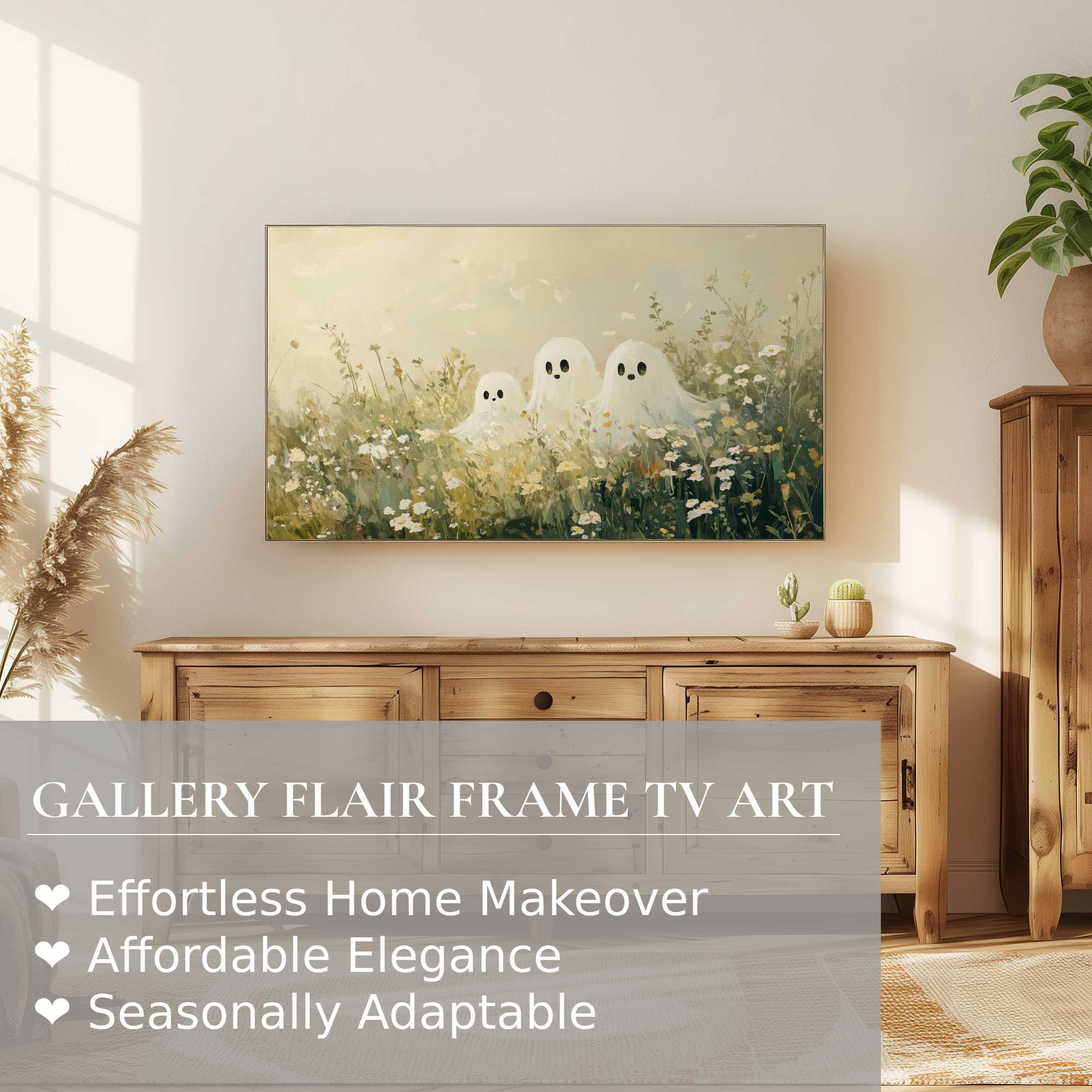 Samsung Frame TV displays elegant halloween digital artwork with soft ghosts in a serene floral setting, perfect for refined décor