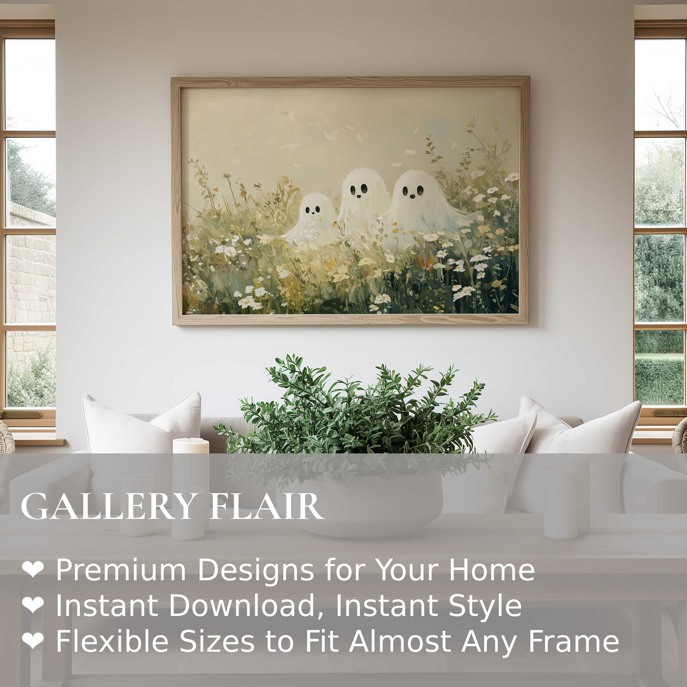 Halloween wall art print featuring charming ghost figures in a soft, dreamy floral meadow; elevates modern, cozy living spaces