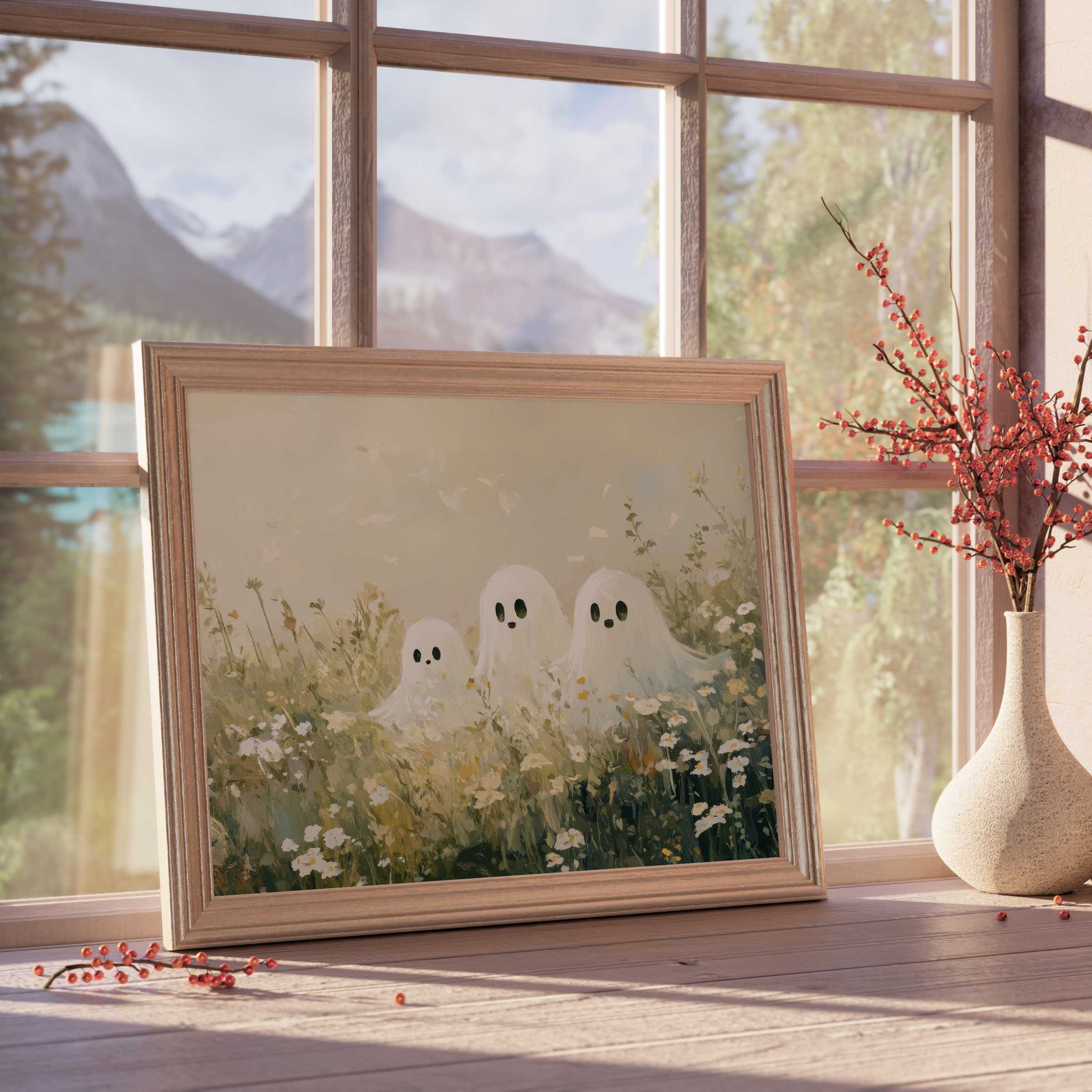 Halloween downloadable art of whimsical ghost trio amidst soft wildflowers, radiating warm charm and elevating serene, curated interiors