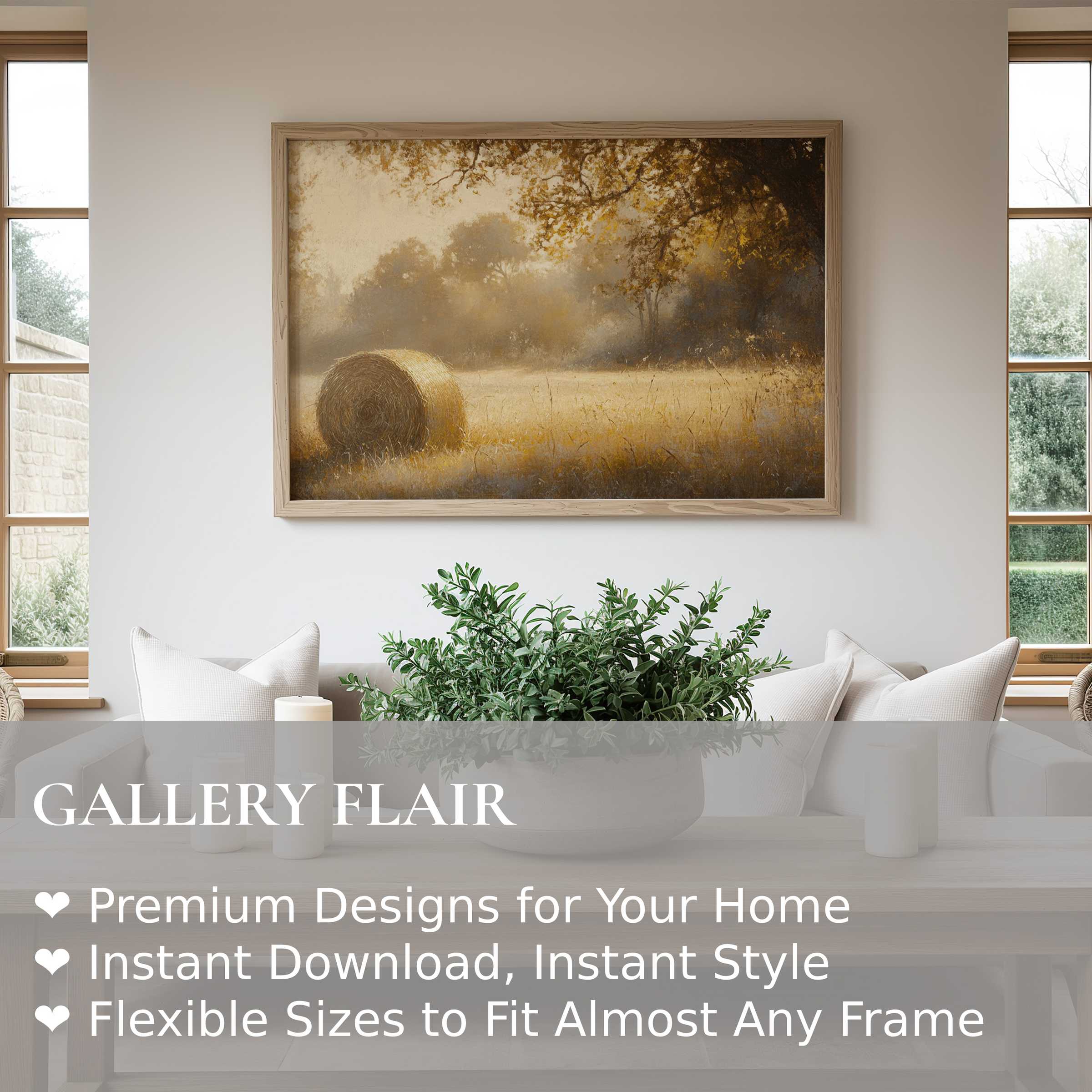 Serene fall wall art print of golden hay bale in soft, radiant light evokes cozy warmth in modern, minimalist living space