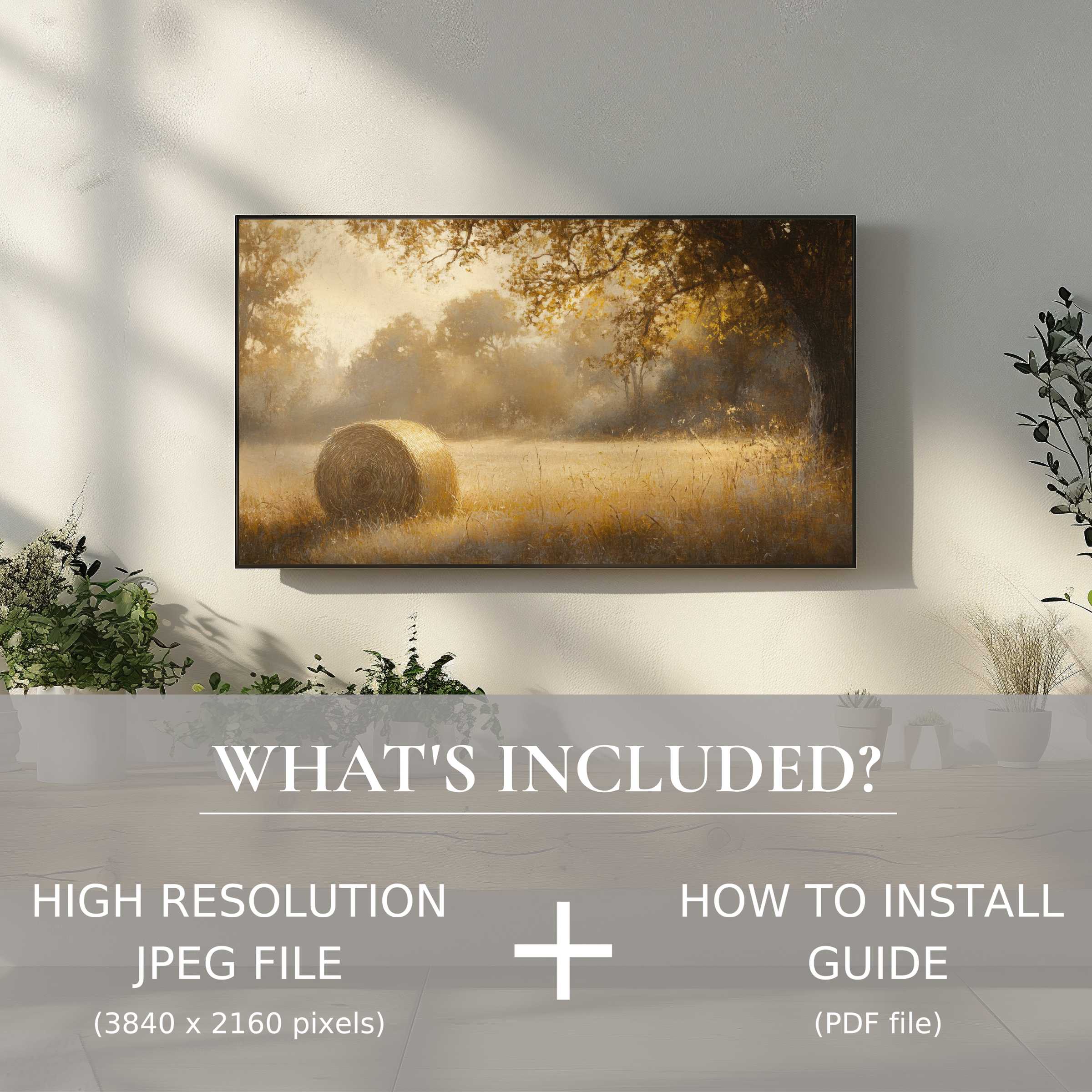 Fall digital TV art download showcasing serene hay bale scene, enhancing your space with effortless digital charm