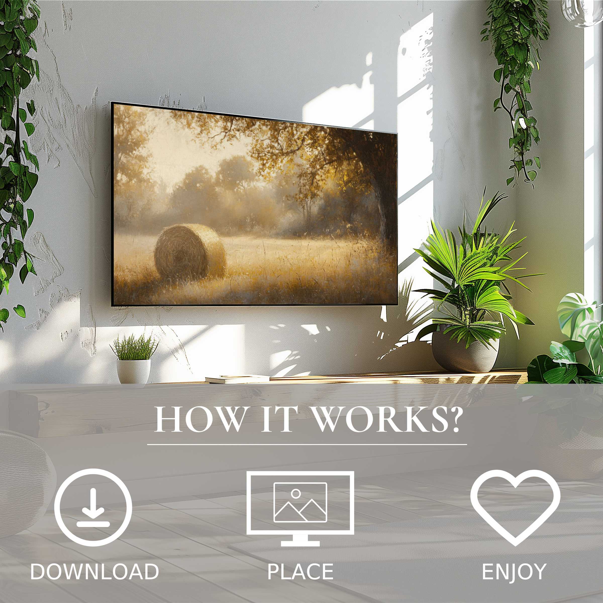 Fall art for Samsung TV shows soft golden hay tones on Frame TV, easy digital download enhances modern living space