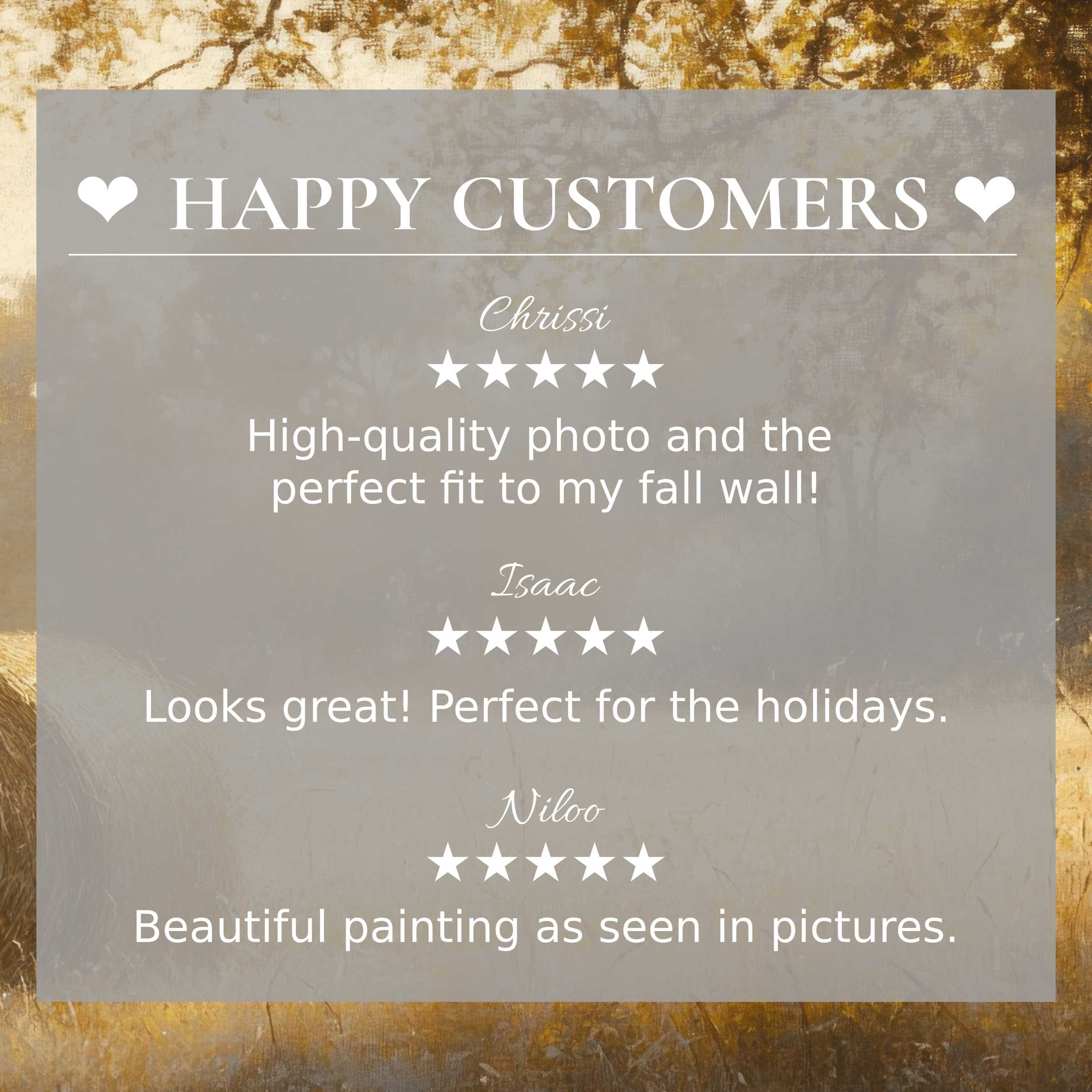 Fall art for Frame TV with abstract warm tones, showcasing happy customer reviews and elegant, trustworthy design