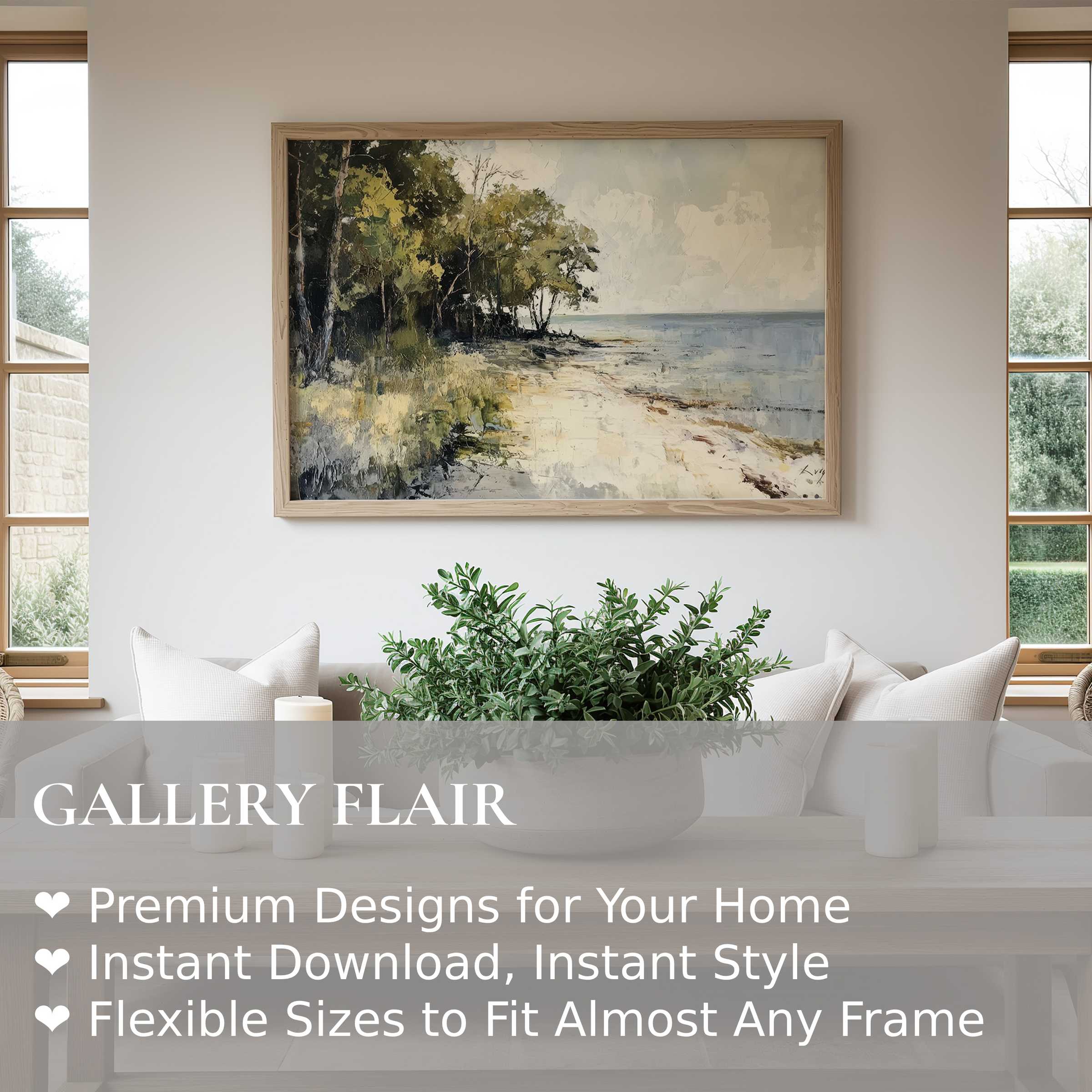 Serene beach wall art print featuring a softly textured shoreline and lush greenery, enhancing modern coastal interiors with calm elegance