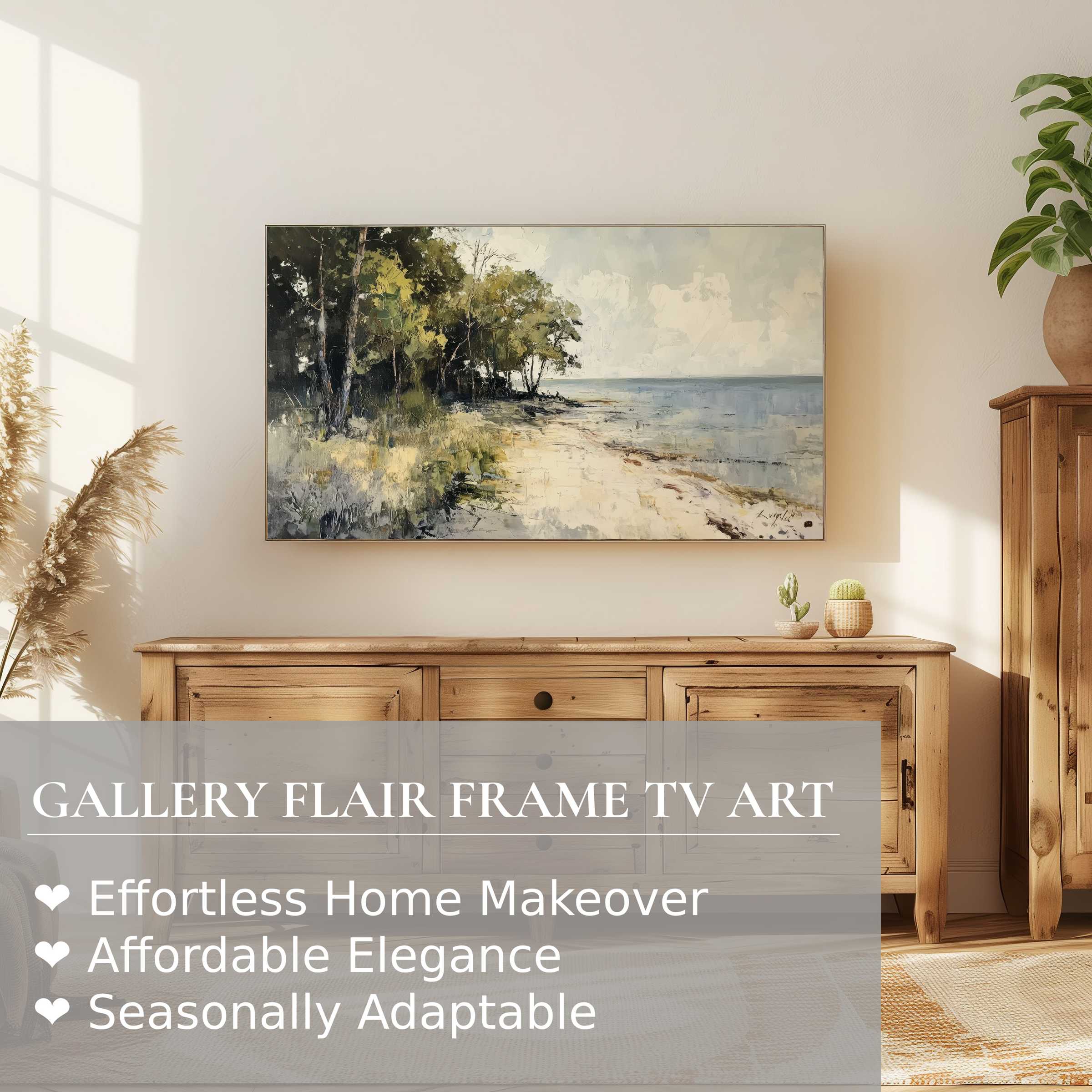 Modern Samsung Frame TV showcasing serene beach digital artwork in a warm, elegant living space with natural wood tones