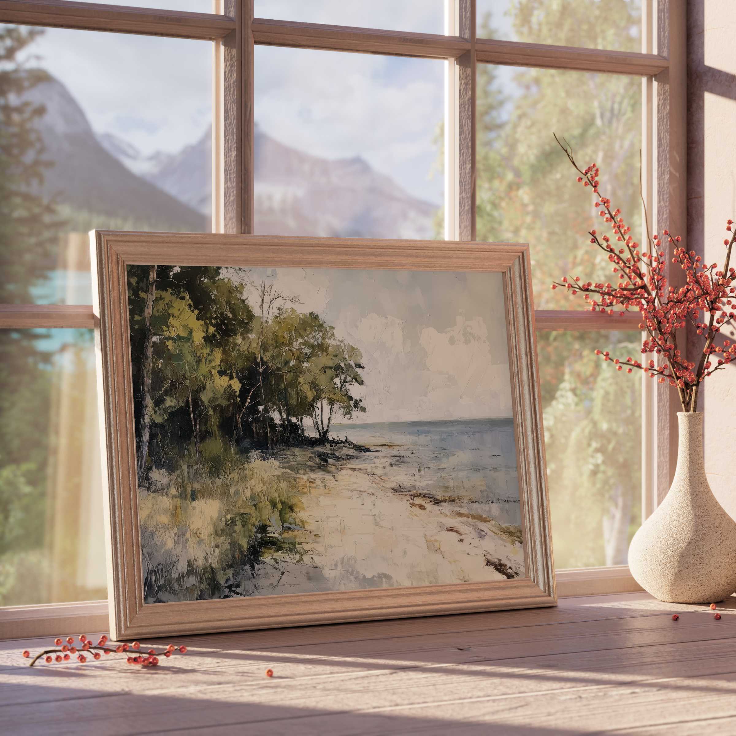 Beach downloadable art capturing serene shoreline calm with muted tones and textured brushstrokes, perfect for curated, tranquil interiors