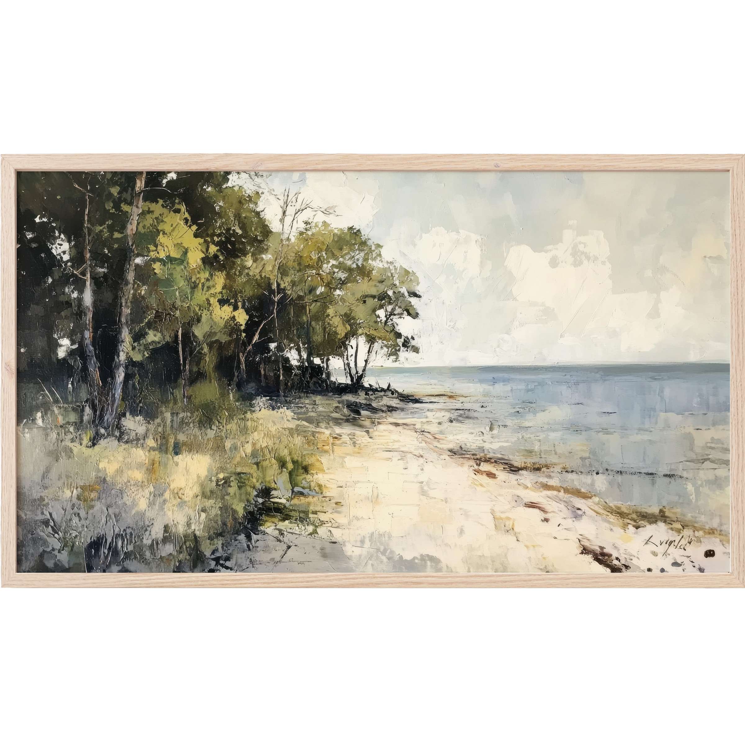 Serene beach Frame TV Art featuring textured greens, blues, and soft neutrals in an elegant, modern coastal style