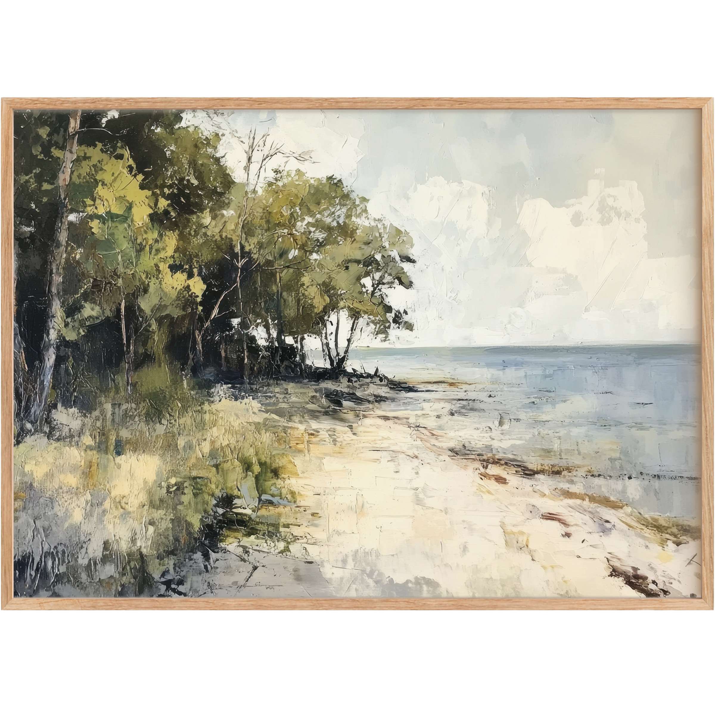 Serene beach printable wall art capturing soft blues and earthy greens, evoking a tranquil, sunlit coastal retreat