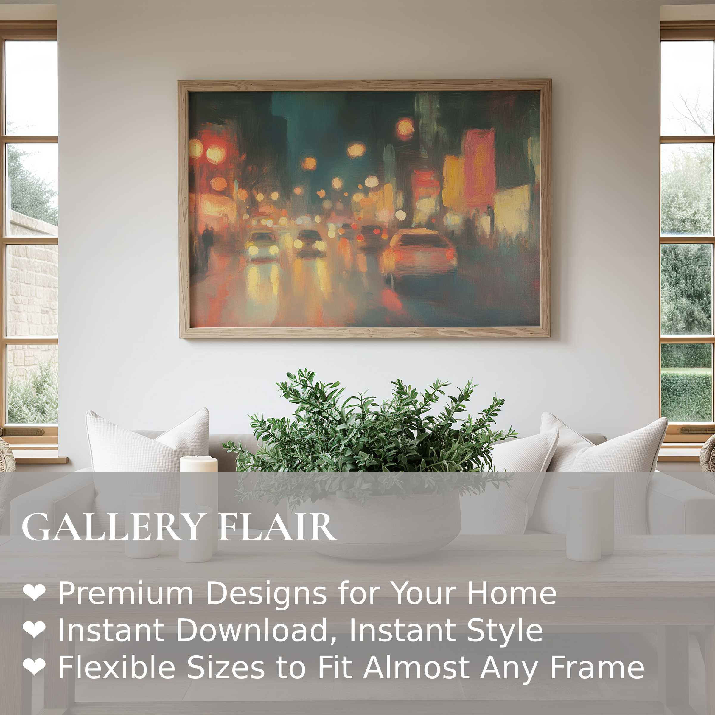 Urban art wall art print capturing a moody cityscape aglow with radiant streetlights, enhancing modern minimalist interiors with warm ambiance