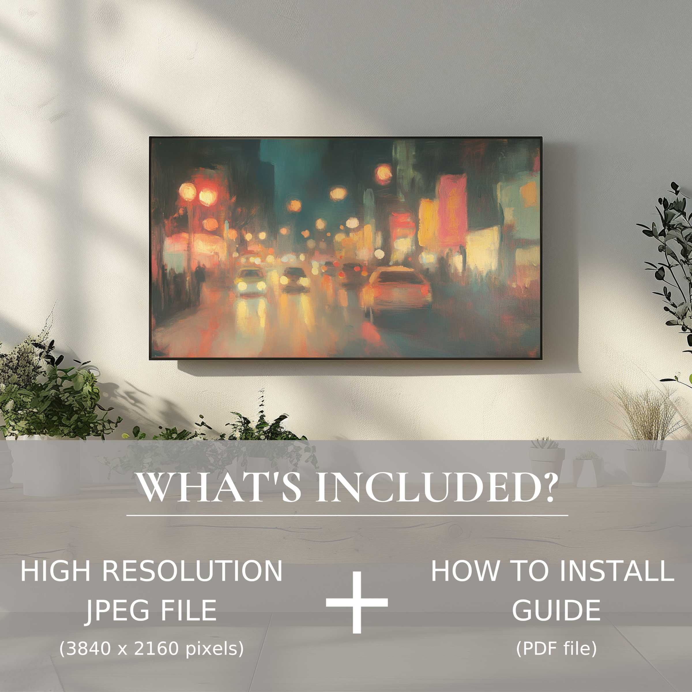 Urban digital TV art download showcasing moody city lights, enhancing modern spaces with effortless digital elegance