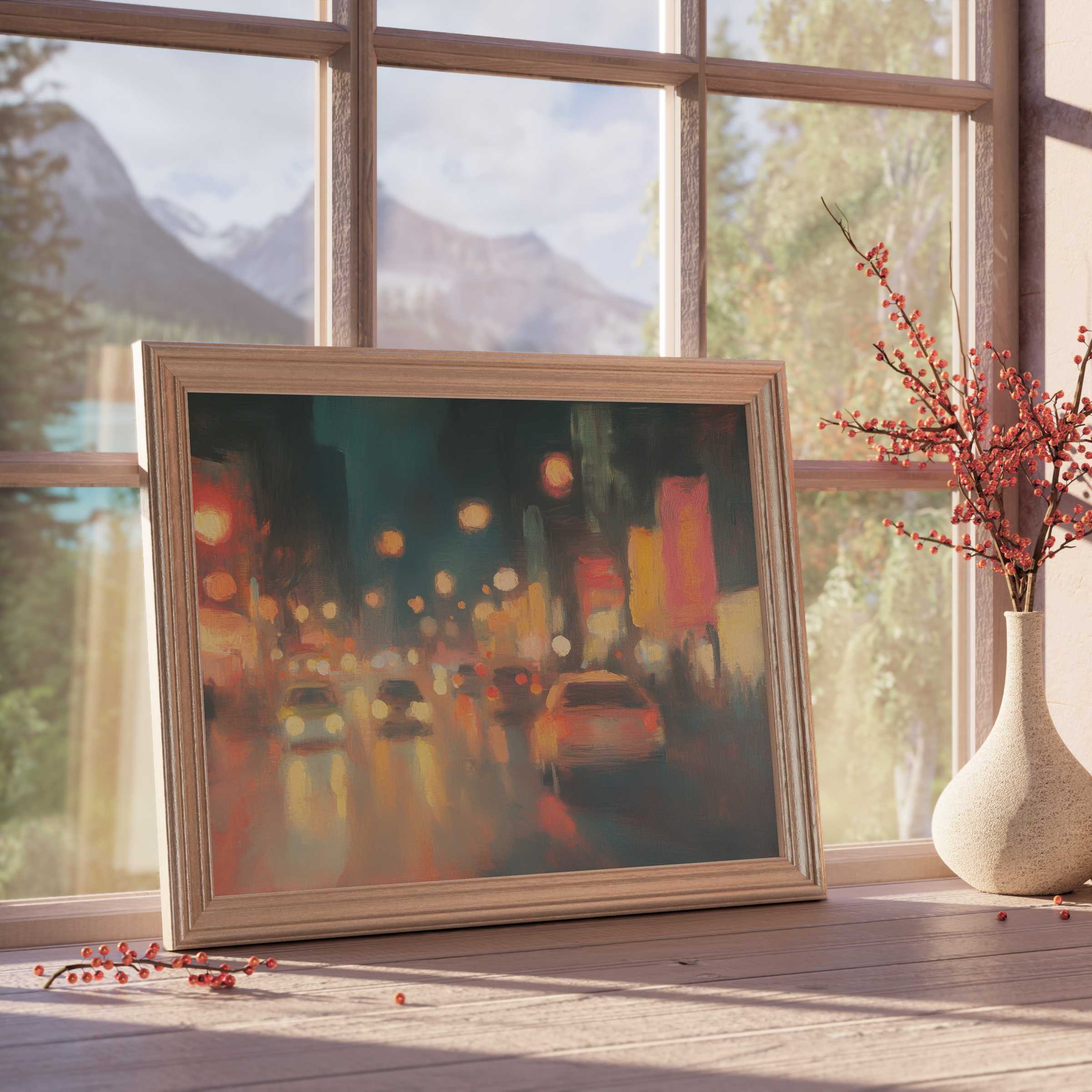 Urban downloadable art capturing a vibrant nocturnal cityscape, enriching tranquil, curated interiors with warm, ambient glow and dynamic modern energy