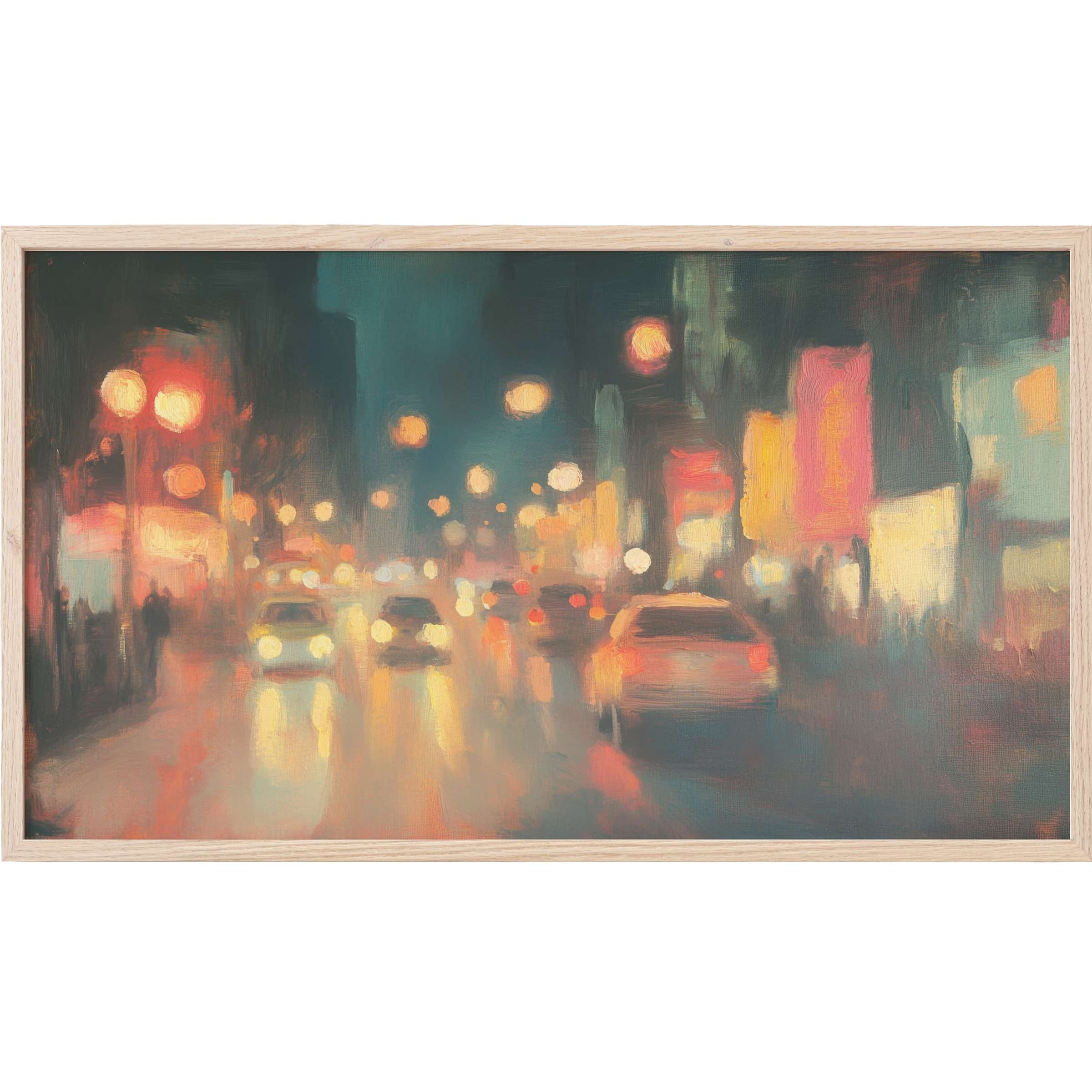 Urban night scene with blurred lights and soft hues of orange, teal, and pink in elegant urban Frame TV Art
