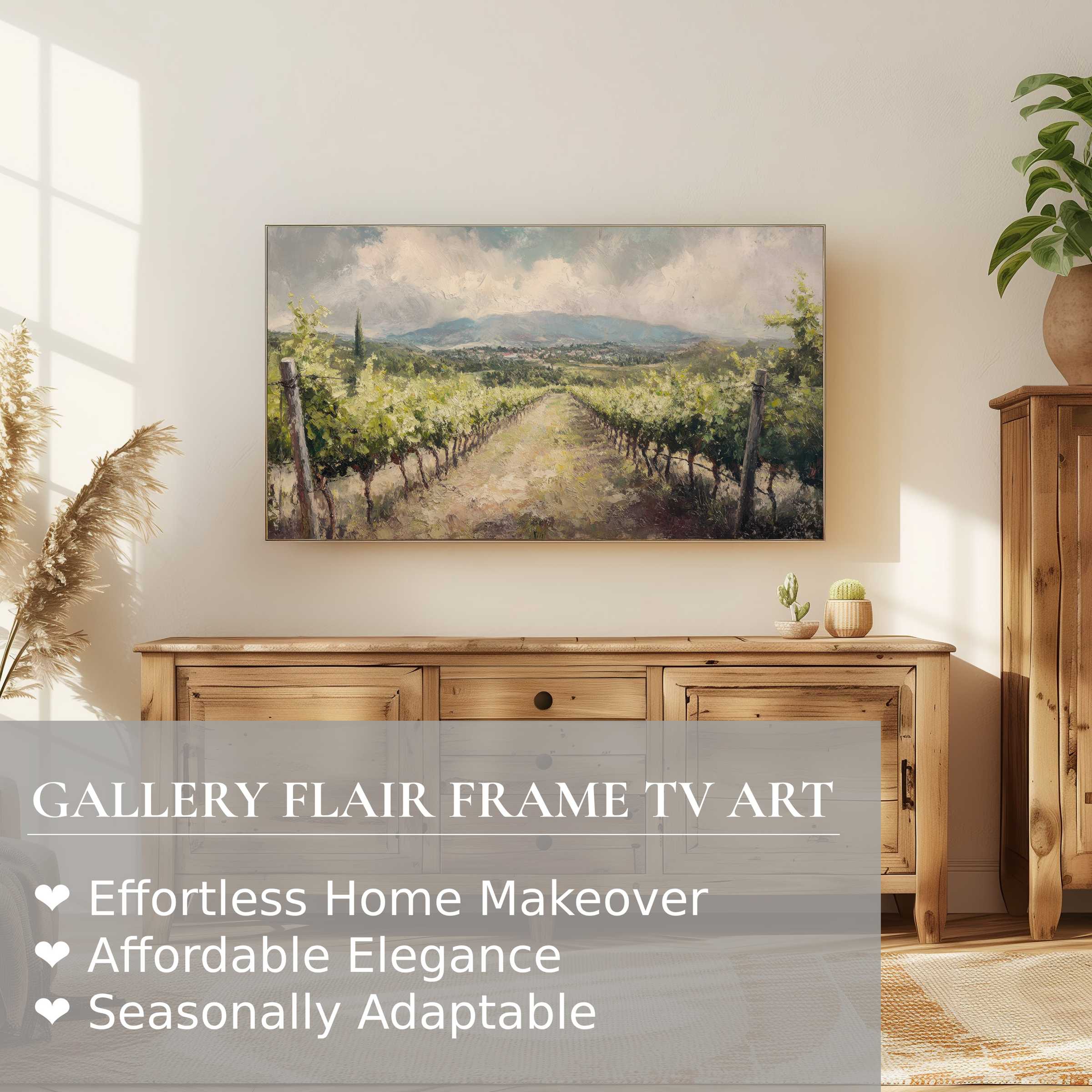Samsung Frame TV displaying refined botanical digital artwork in a sunlit, modern rustic living room setting