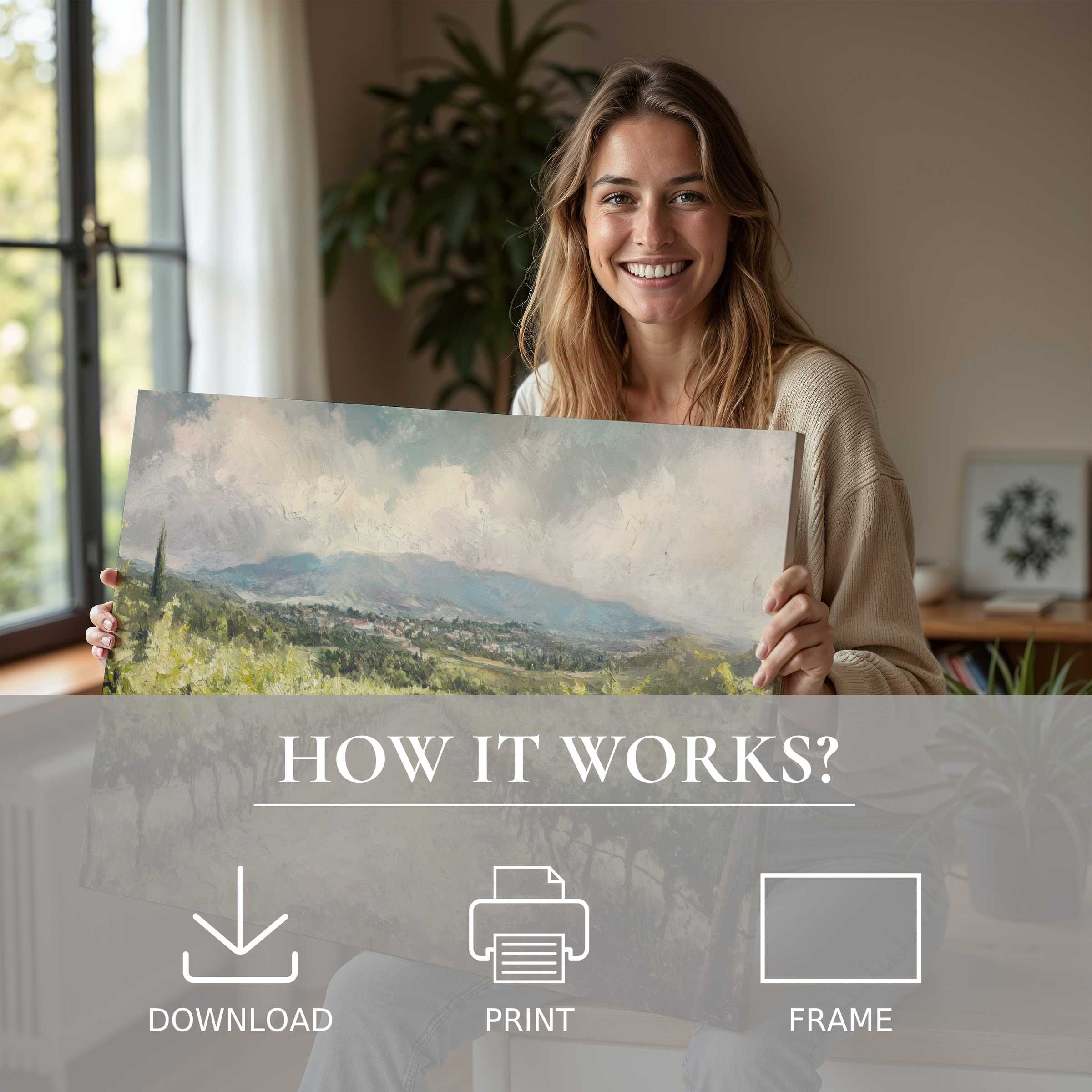 Joyful moment embracing botanical digital art print’s serene beauty in a stylish home, elevating everyday living