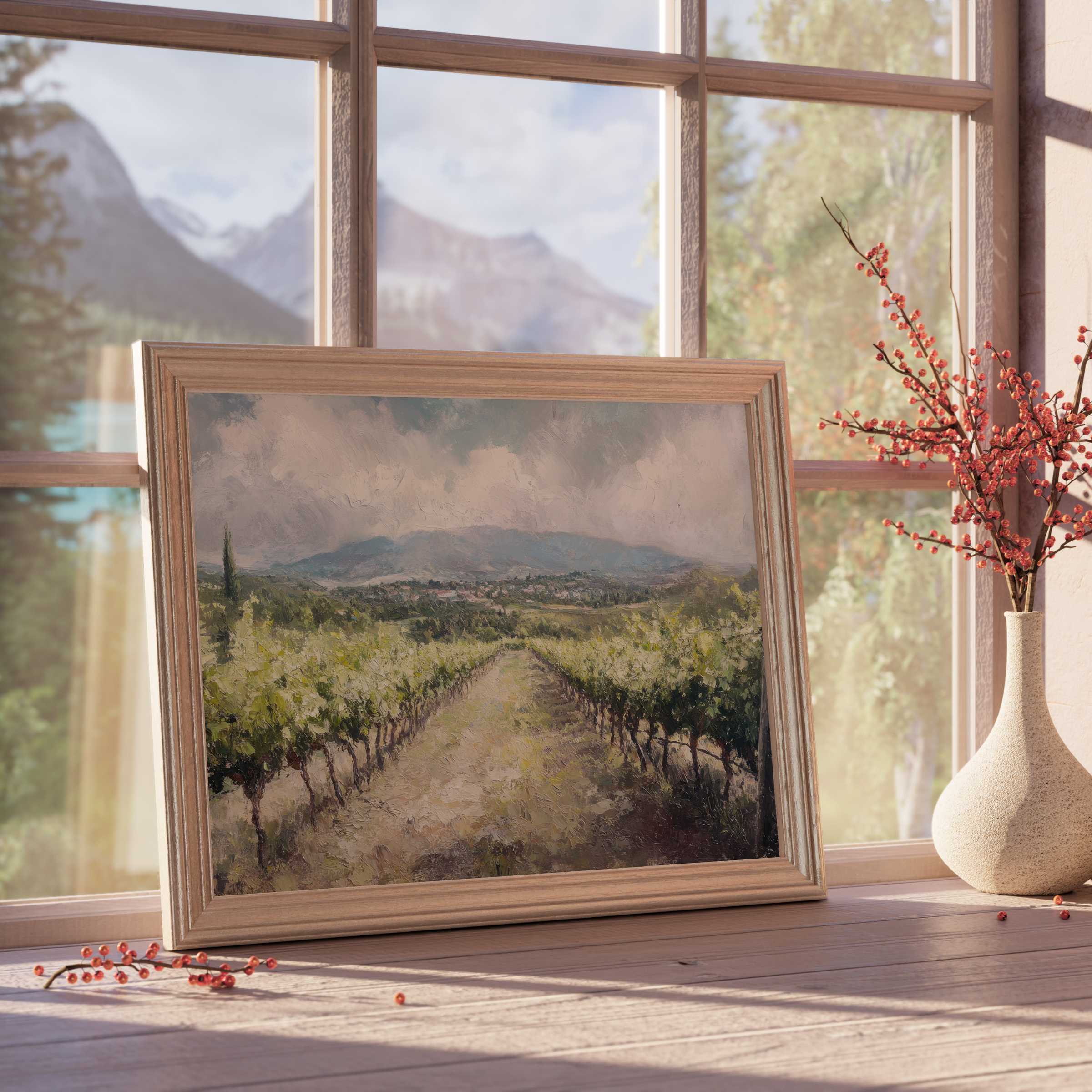 Botanical downloadable art capturing a tranquil vineyard landscape, evoking serene warmth in curated modern interiors