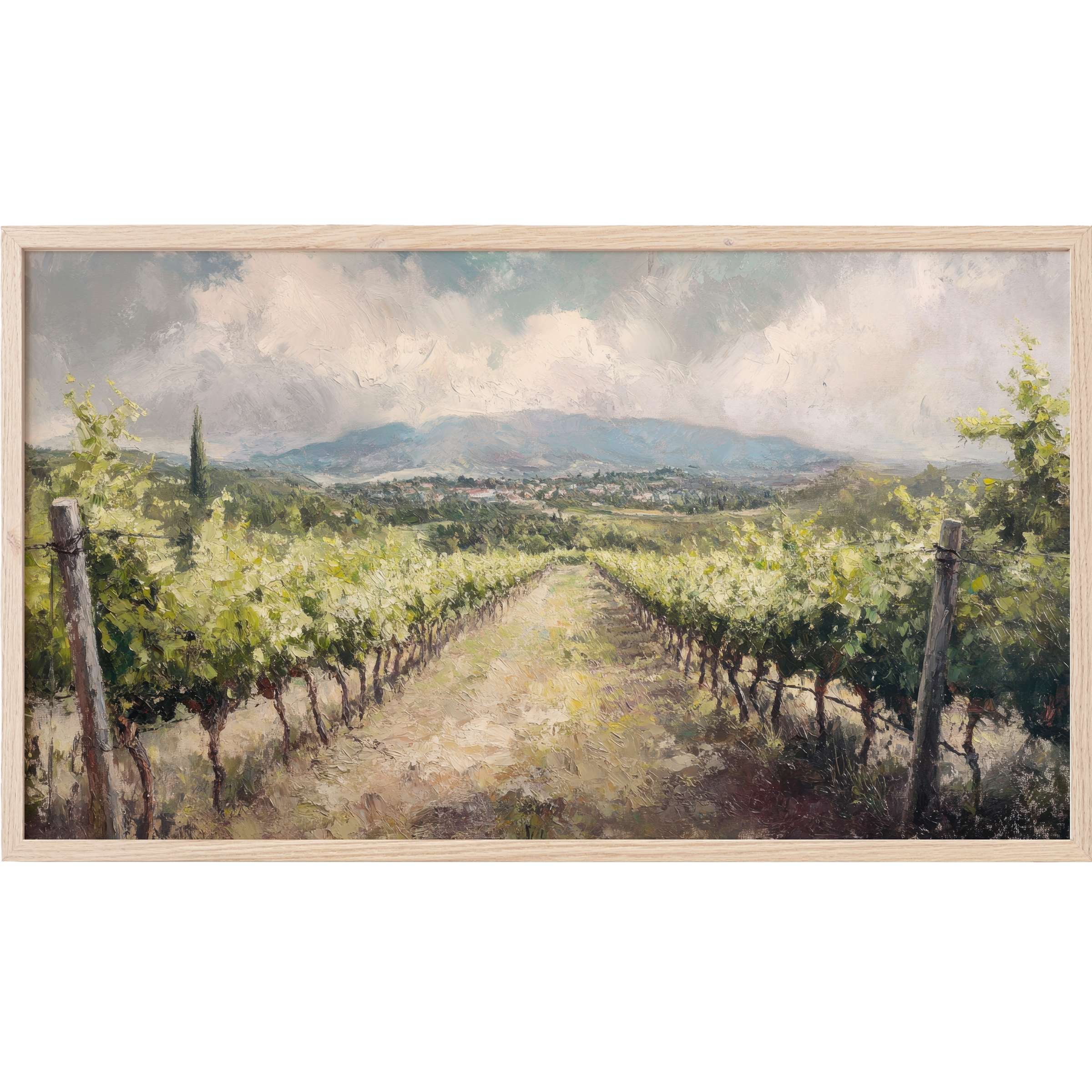 Serene vineyard landscape in soft greens and blues, textured brushstrokes, elegant botanical Frame TV Art