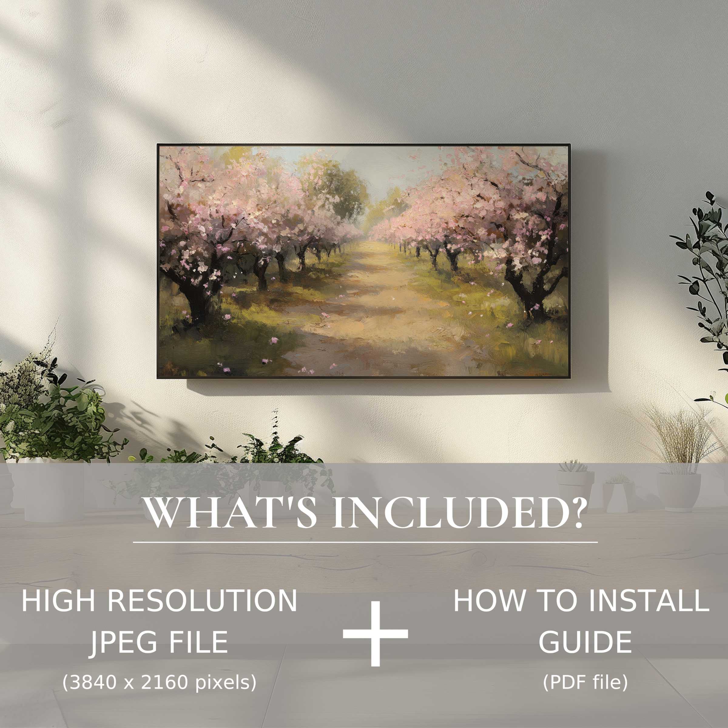 Elegant tree digital TV art download with easy use, enhancing living spaces with serene blossom scenery in modern decor