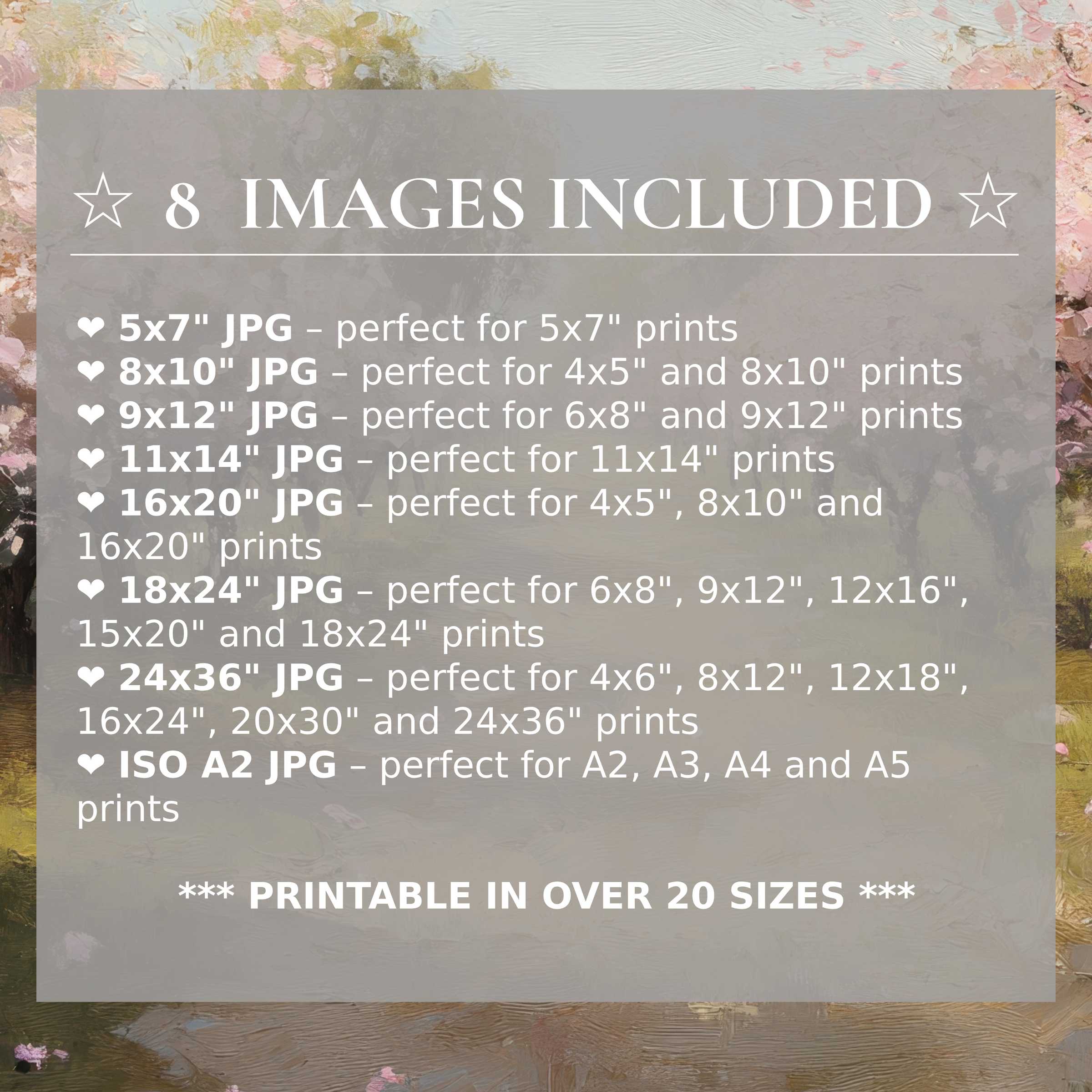 Print size guide showing 8 included JPG formats for versatile wall art printing – perfect for framing in popular sizes from 5x7 to 24x36 and A2