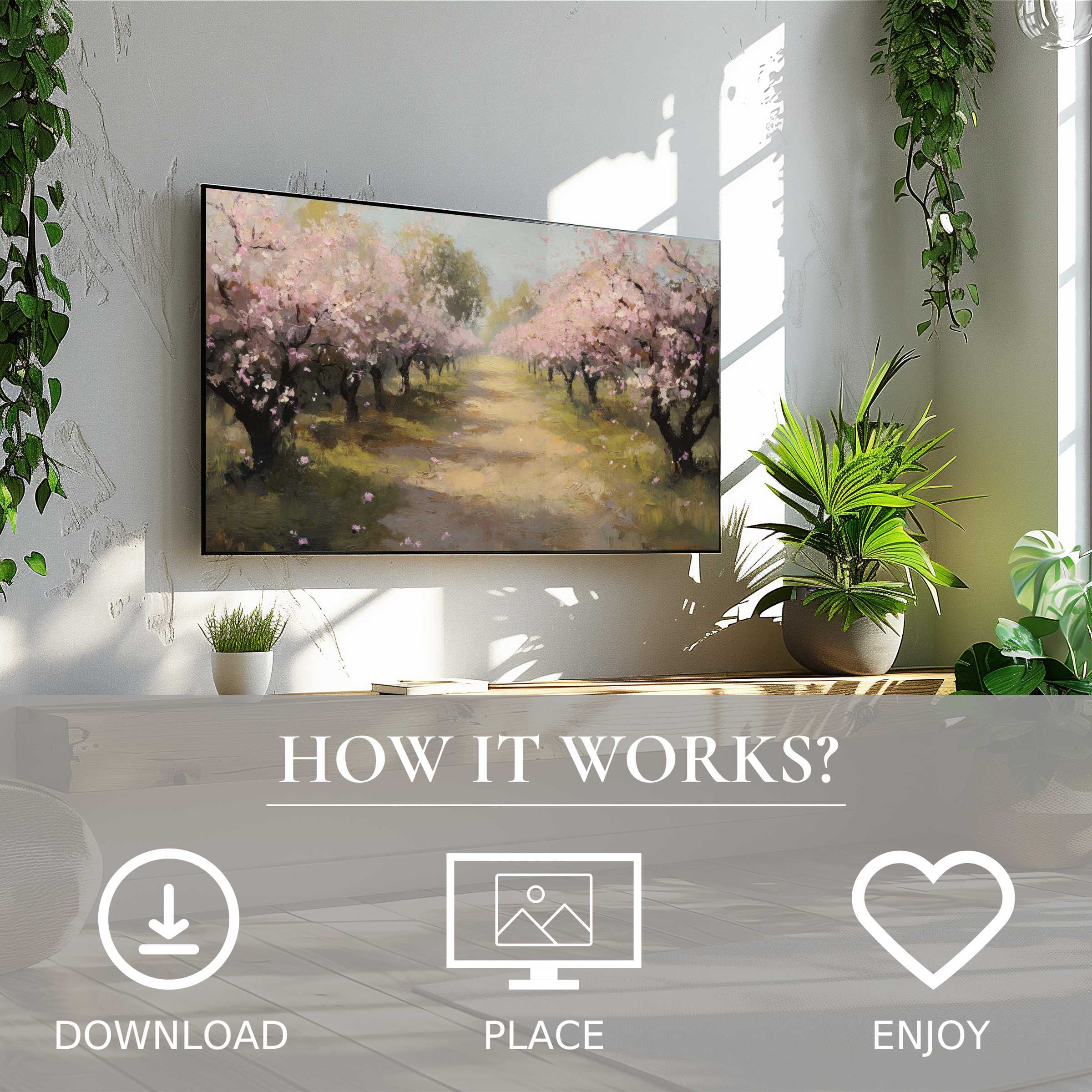 Modern living room with easy digital download tree art for Samsung TV showing soft sunset tones enriching space