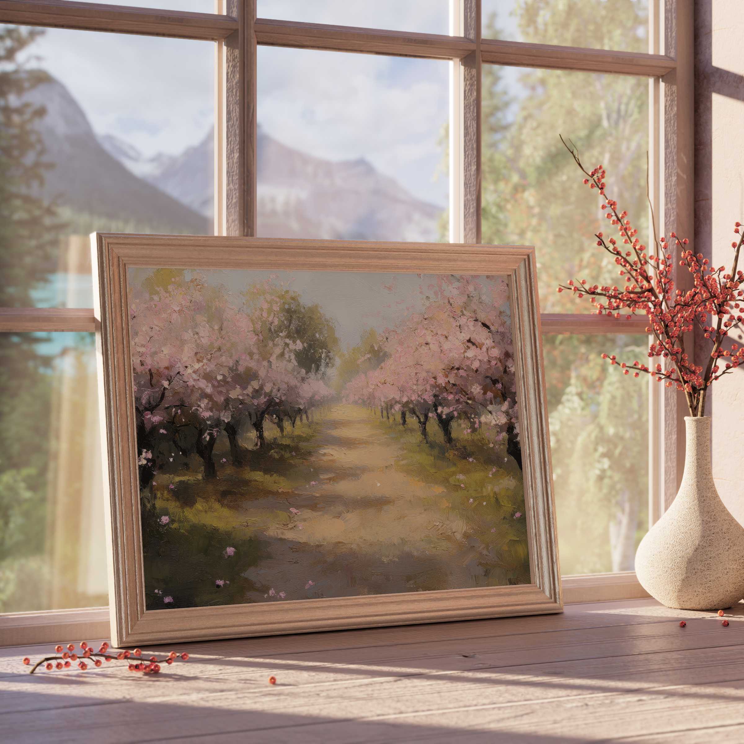 Elegant tree downloadable art capturing a serene orchard pathway in bloom, enriching curated, tranquil interiors with soft pastel hues