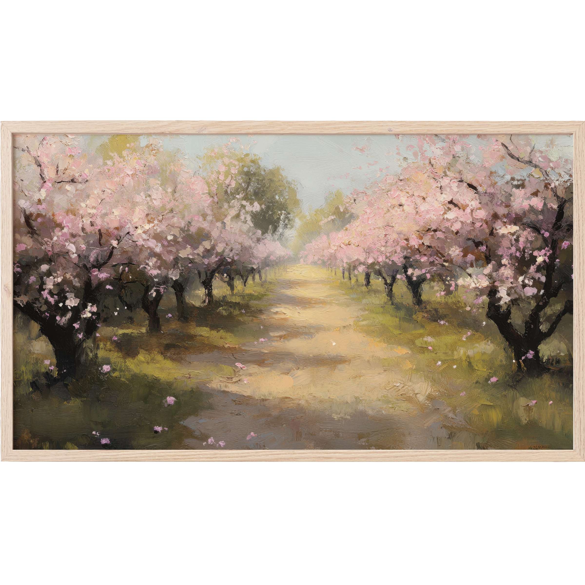 Soft pink blossoms line a sunlit path in this impressionist tree Frame TV Art with muted greens and blues